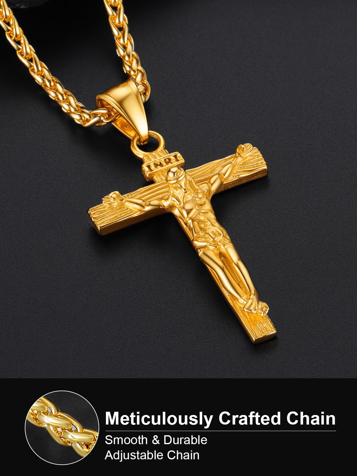 U7 Crucifix Cross Necklace 18K Gold Plated Crucifix Necklace Cross Pendant for Men with Rope Chain 26"(Gold)