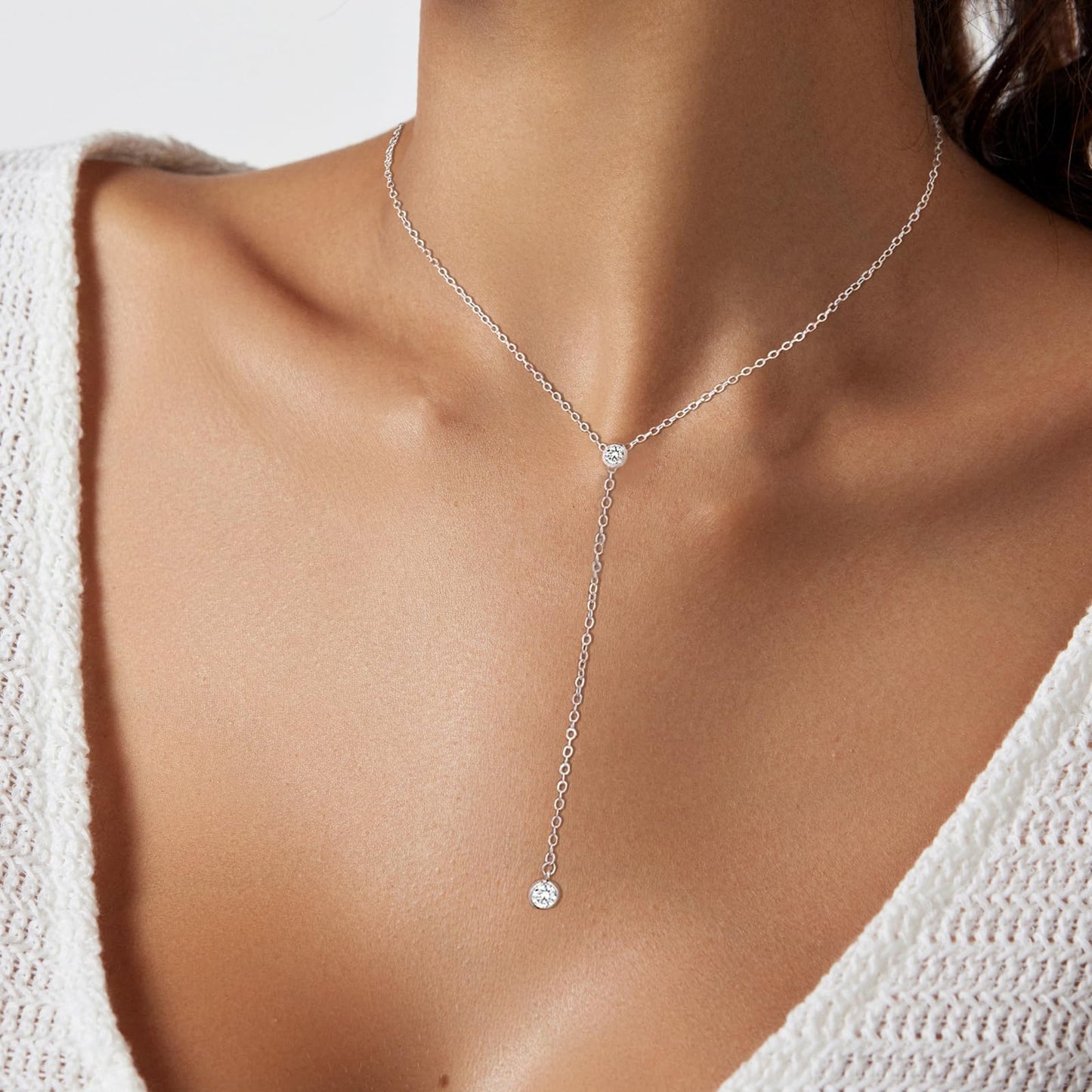 Luxval Lariat Silver Necklace for Women Silver Plated Dainty Long Y Necklaces CZ Pendant Drop Choker Necklace Trendy Simple Silver Jewelry for Women