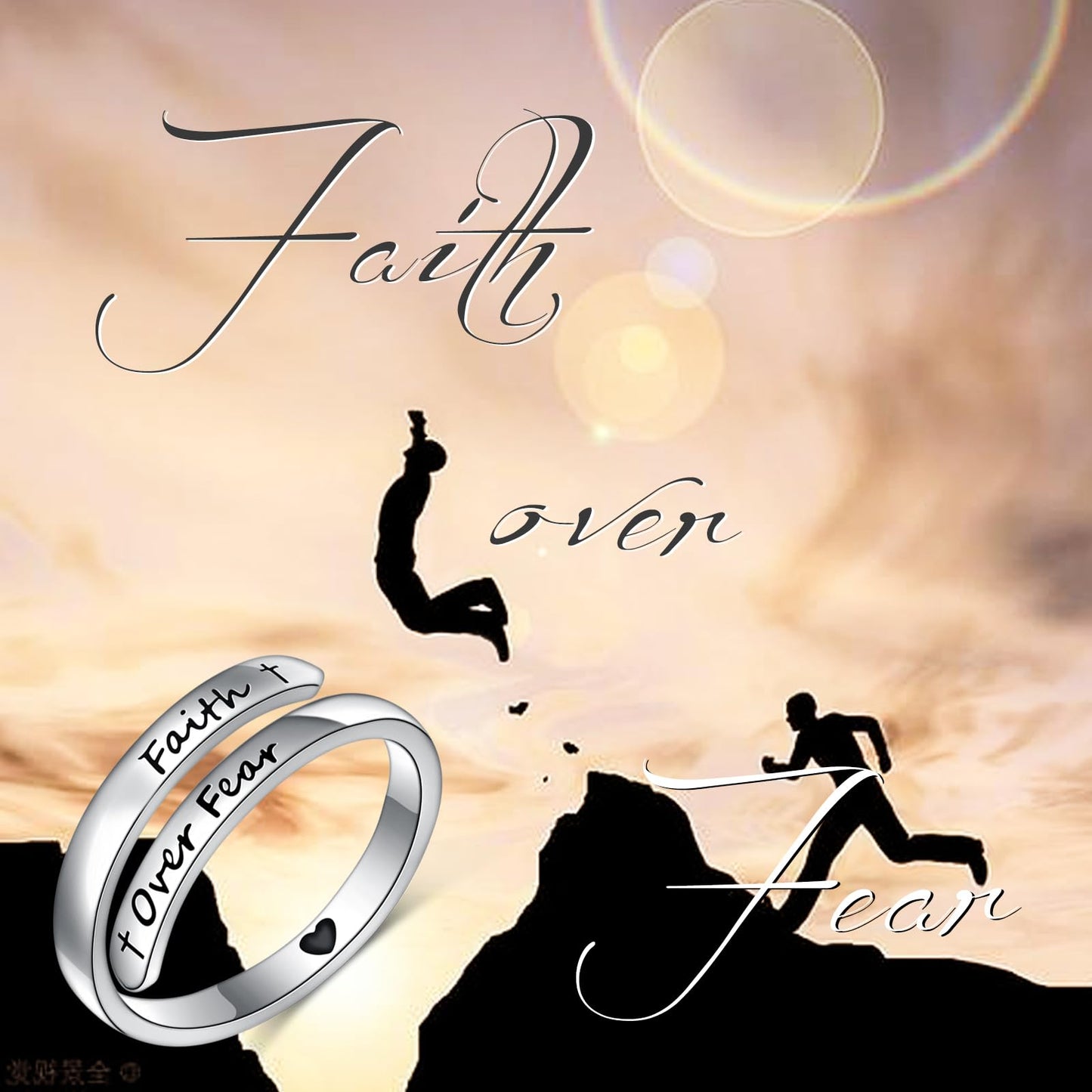 Ladytree Adjustable Inspirational Rings 925 Sterling Silver Faith Over Fear Cross Stacking Wrap Spiral Twist Statement Band Encouragement Gift Jewelry for Women Men(Faith Over Fear)