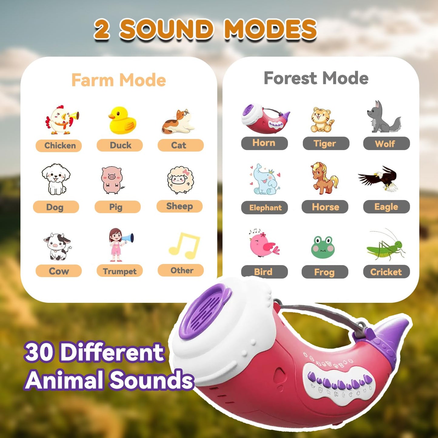 WDBZHYF Toys for 3 Years Old Boy Girl Birthday Gift, Music Animal Caller Toy with 30 Realistic Animal Sounds, Early Learning Toy for Kids Todlers with 8" Horn and 3-Level Lights (Crimson - Horn)