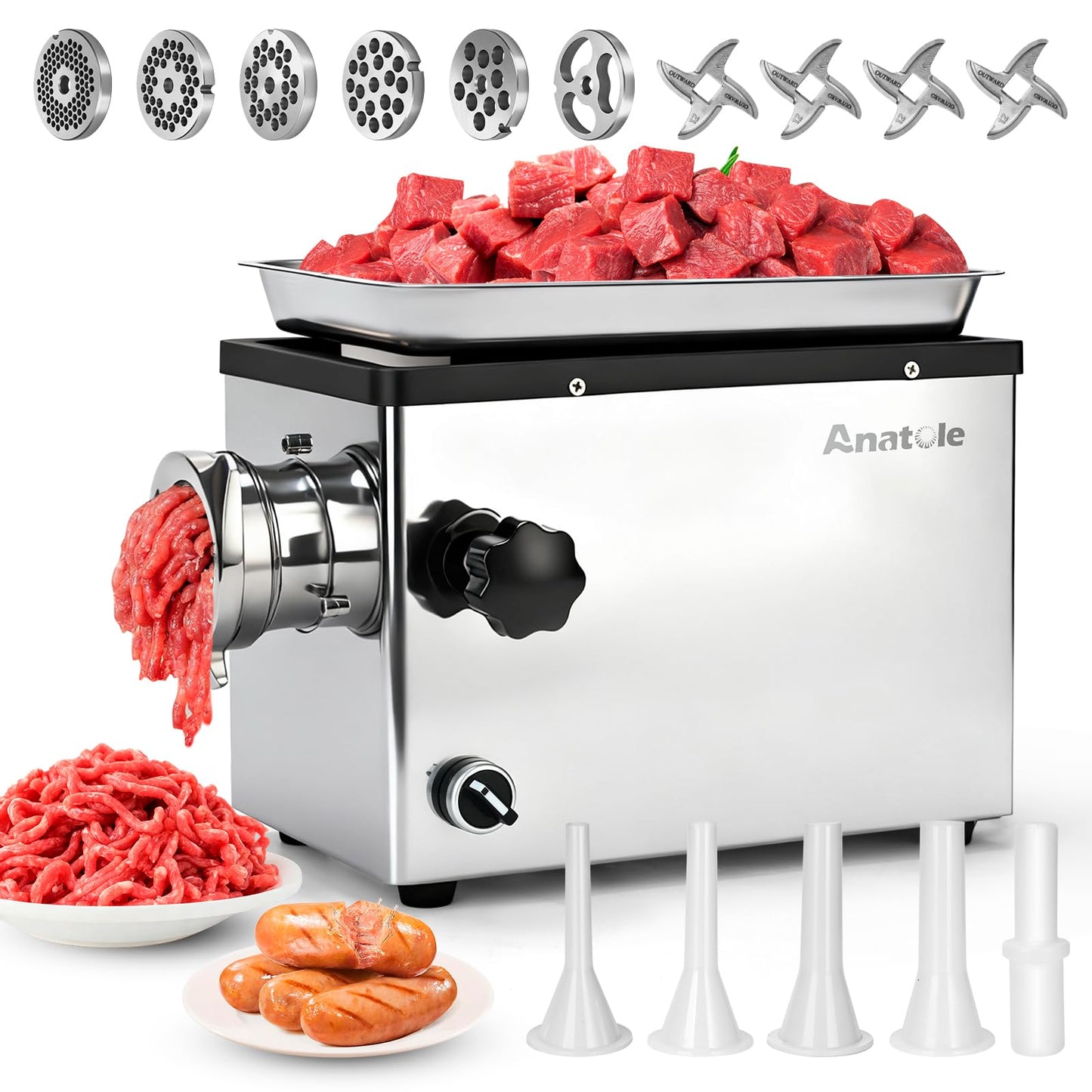 Anatole Commercial Electric Meat Grinder 1.8 HP 1300 W Heavy Duty Meat Bones Mincer Stainless Steel Sausage Stuffer with 6 Grinding Plate 4 Blades for Restaurant Hotel 110V
