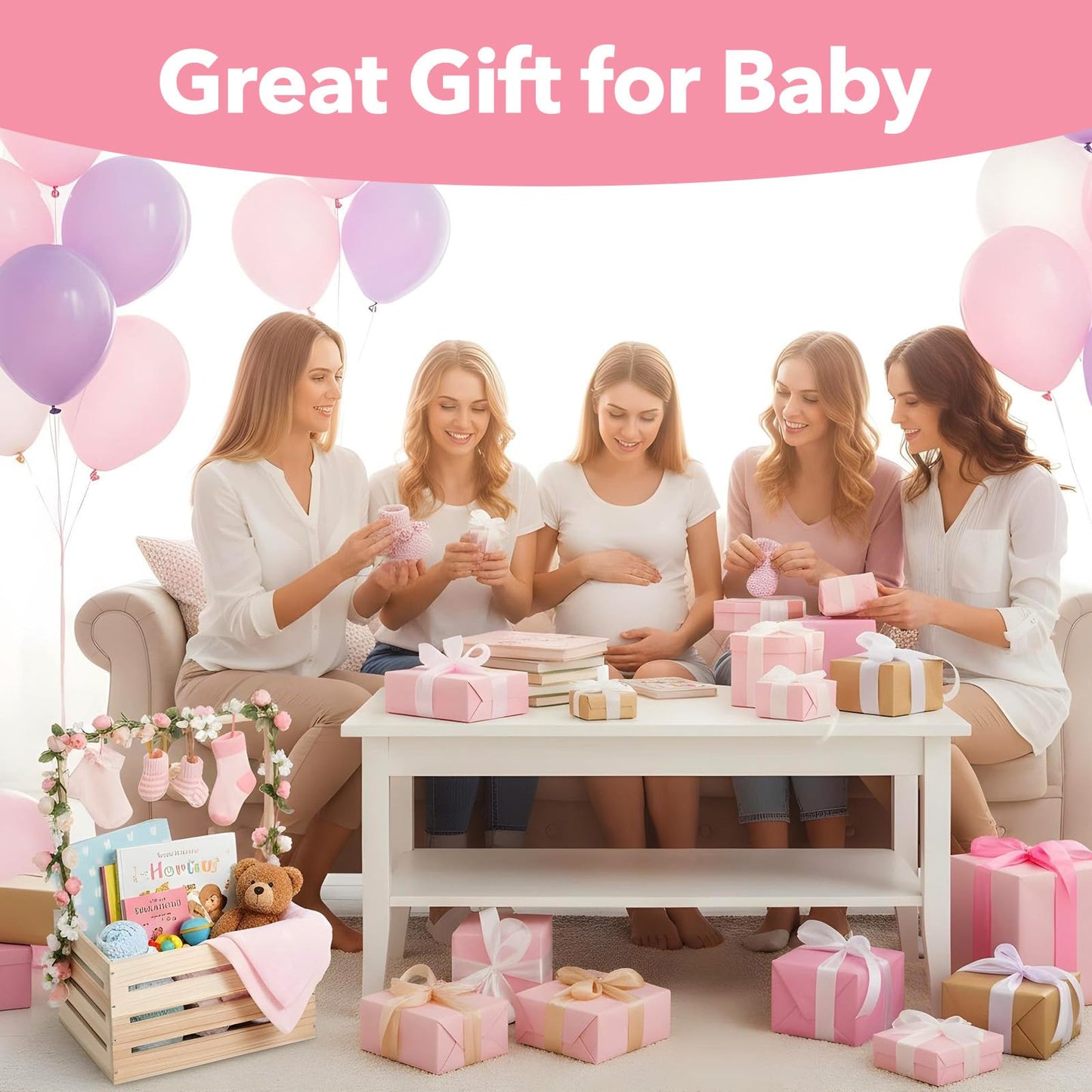 Aiyorse Wooden Baby Shower Crate Closet, Wooden Crate Basket with Handle Baby Gift Basket New Born Welcome Gift Hamper for Boys & Girls Welcome Babies Gifts for New Parents