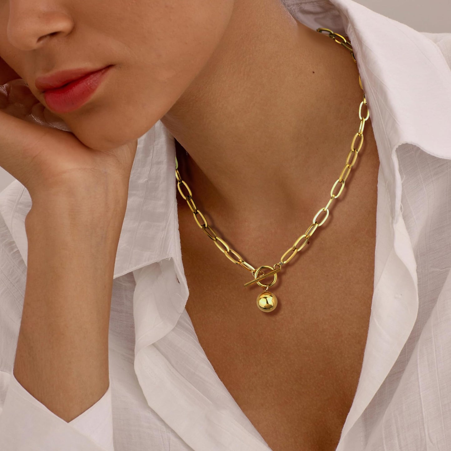 BONJOULRY Chunky Gold Necklace for Women, 18K Waterproof Heart Necklace Statement Necklace Gold Charm Necklace Chunky Jewelry Paperclip Chain Choker Gift for Women (Golden Ball)