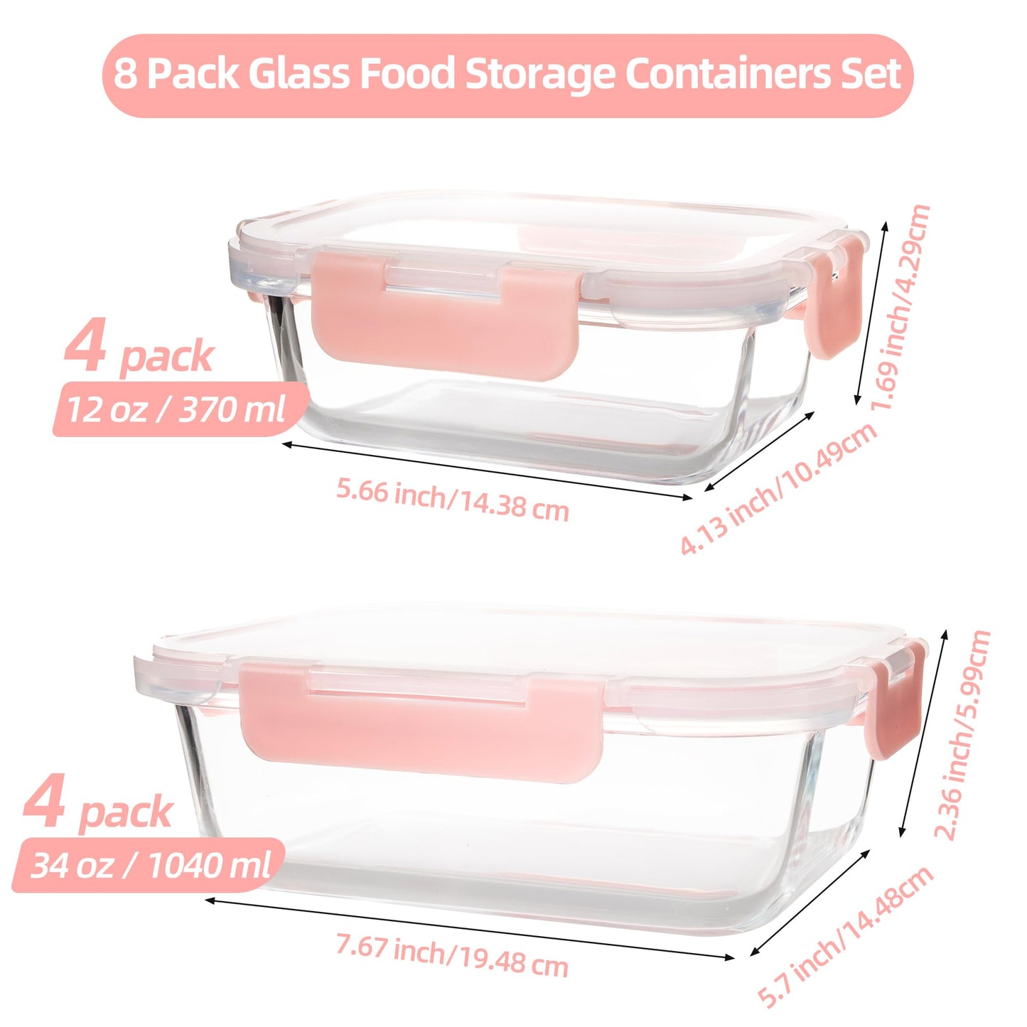 YARYOUNG 16PCS (8 Bowls + 8 Lids) High Borosilicate Glass Meal Prep Containers, Food Storage Containers with Airtight Lids, Glass Lunch Bento Boxes,Dishwasher Safe, pink