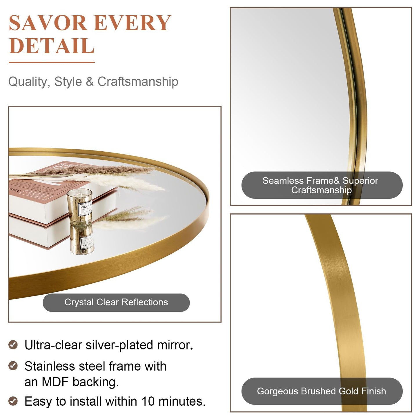 ANDY STAR Arched Mirror, 22" x 35" Gold Bathroom Mirror in Stainless Steel Metal Frame, Arch Top Rounded Corner 1" Deep Set Design Wall Mount Hangs Vertical