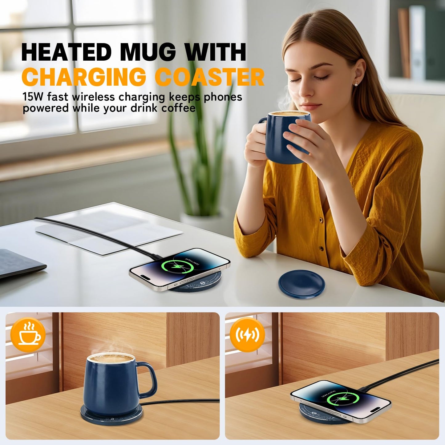 USBERG Smart-Warming Ceramic Mug & Plug in 15W Wireless Charger Combo - Keep Coffee Hot (131°F/55°C, USB-C) & Phone Charged, Cord-Free! 12.8 oz, Splash-Proof Lid (Navy Blue)