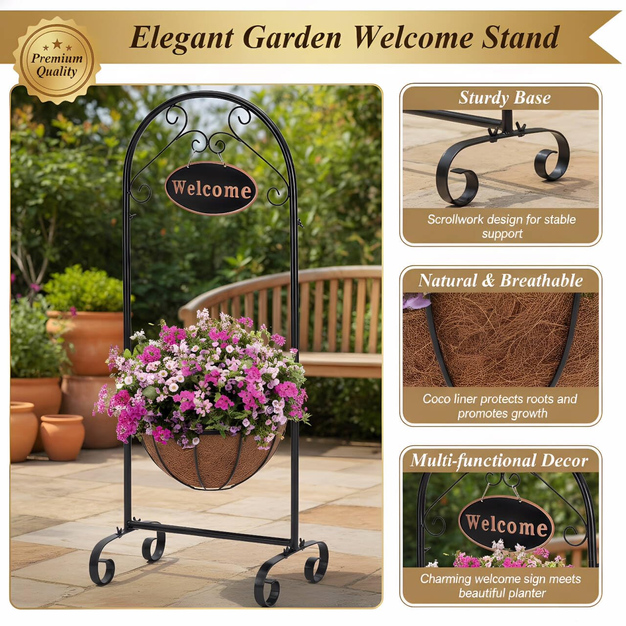 SUNNYPARK Black Metal Welcome Sign Hanging Basket Stand - 40 Inch Decorative Planter Holder for Outdoor/Indoor Plants, Flowers, Herbs - Rustic Garden Decor