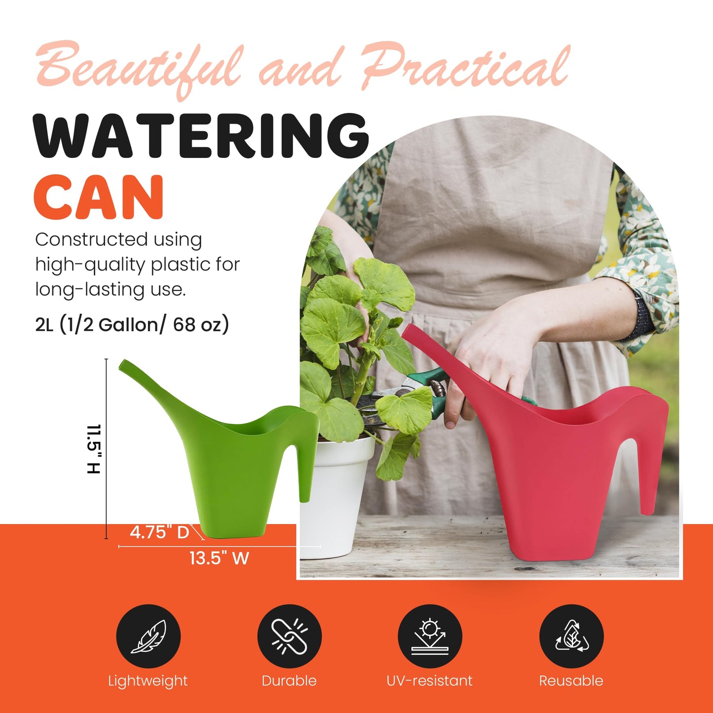 Mintra 1/2 Gallon Plant Watering Can, Indoor Outdoor Water Can for Plants, Long Spout Plastic Water Pitcher for Watering Flower Succulent, Durable and Lightweight, 2L/68 oz, 1 Pack, Fuchsia