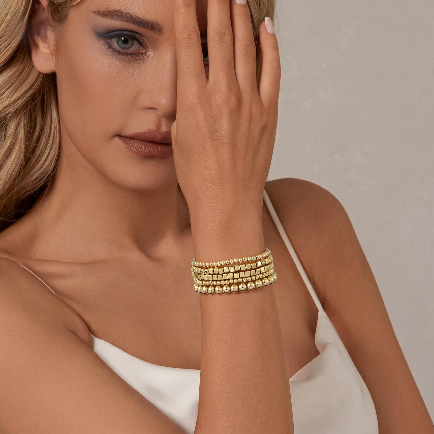 Sajidos Gold Plated Beaded Bracelets for Women Trendy, 14K Gold Plated Stack Cross Pearl Gold Plated Bead Stretch Bracelets Set Elastic Hypoallergenic Bracelets Jewelry Gifts (style5-11)
