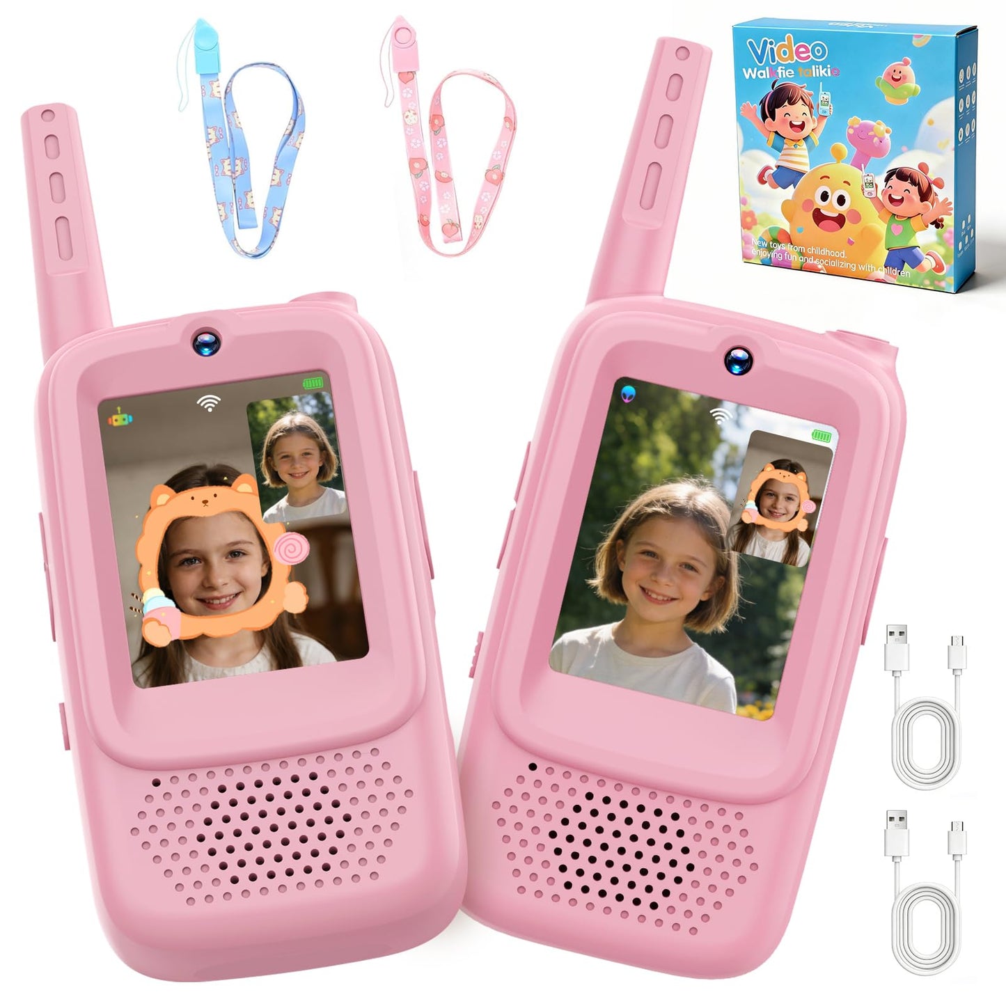 Video Walkie Talkies for Kids, 2 Pack Rechargeable Long Range Walkie-Talkie with HD Camera, Birthday Gift Toys for Girls Boys Ages 3-12 Indoor Outdoor Toys for Family Games, Camping, Hiking, Pink