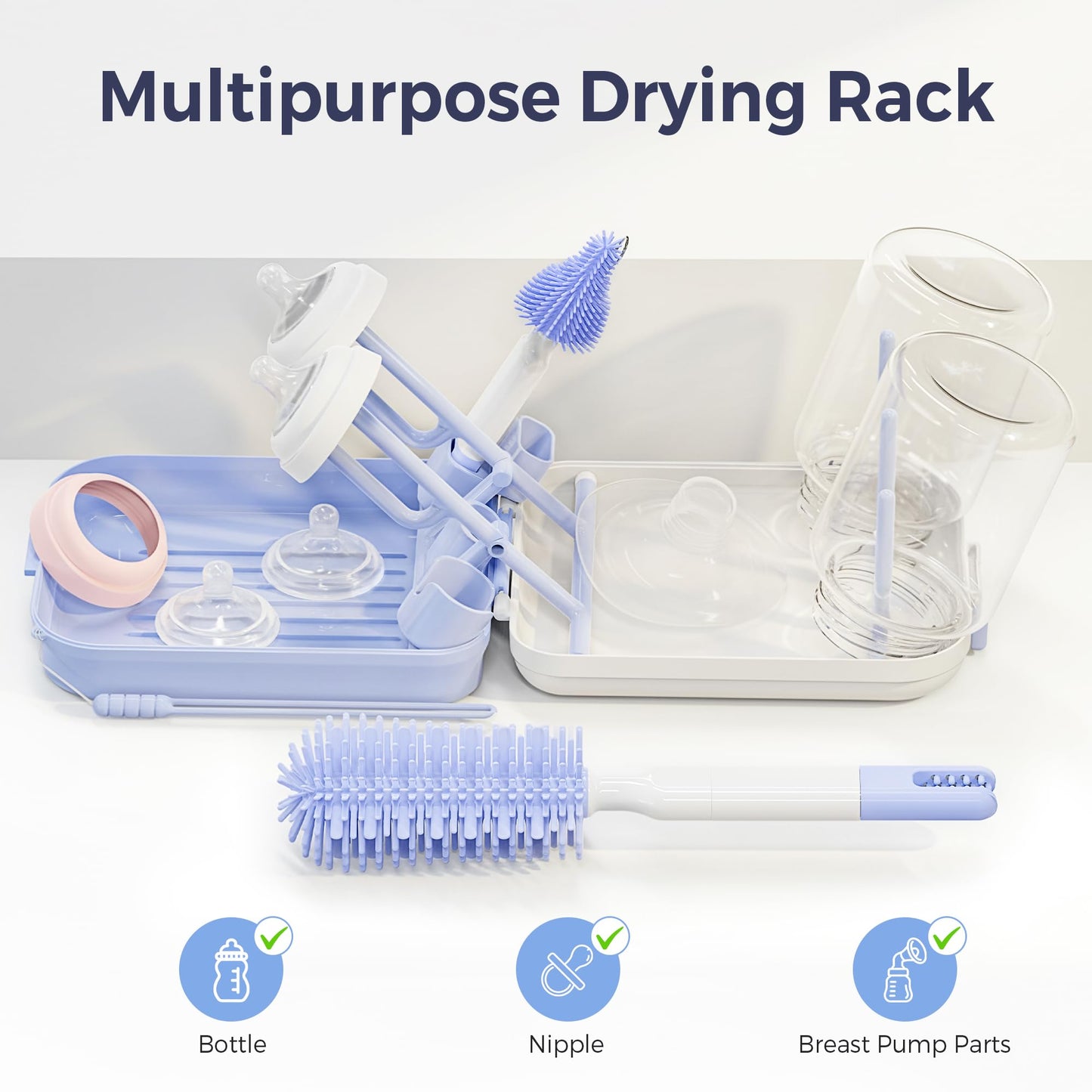 Baby Bottle Brush Set,8 in 1 Magnetic Design Cleaner Bottle Brush Kit with Silicone Brush,Drying Rack for Baby Bottle, Breast Pumps,Nipples - Home&Travel Gift for New Parents
