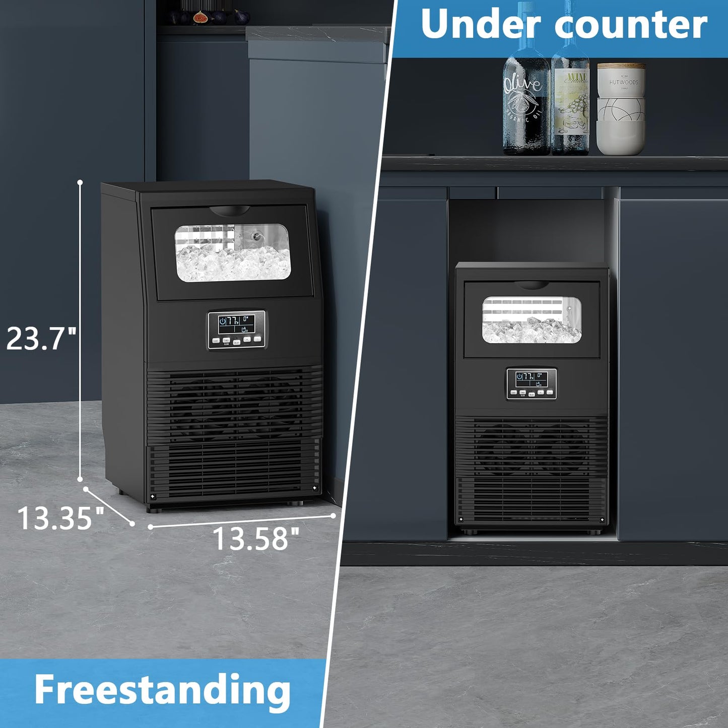 Electactic Commercial Ice Maker Machine, 66Lbs/24H with 8Lbs Storage Capacity, 32 Ice Cubes in 12-20 Mins, Self-Cleaning, Freestanding for Compact Cafe/Bar