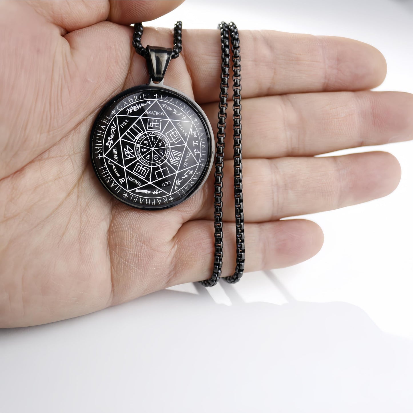 Joddfly Seven Angel Medal Pendant Stainless Steel Glass Solomon Talisman Necklace Guardian Jewelry Men and Women 24 inch Gift Set (black)