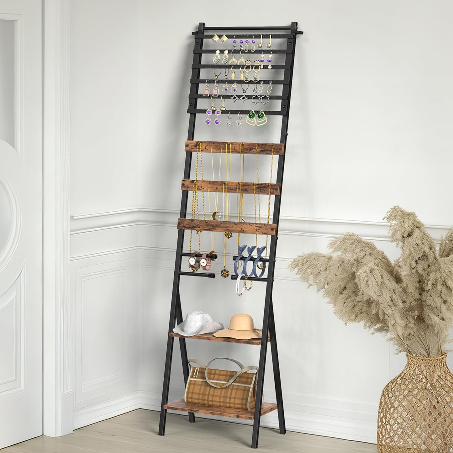 NOVIMANGO Jewelry Stand Floor Standing Jewelry Holder Organizer Jewelry Organizer Stand with Necklace Holder Earring Organizer Freestanding Jewelry Armoire for Watches, Rings, Bangle