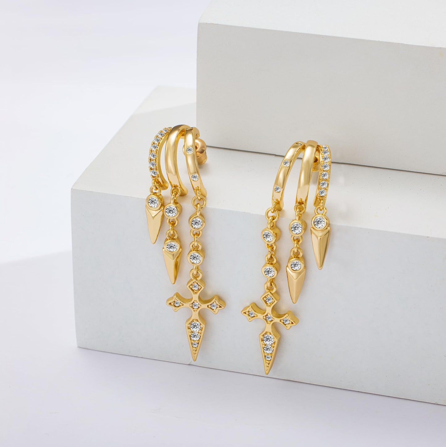 Freekiss Gold Cross Dangle Earrings for Women, 3 Hoop Illusion Huggie Drop Earring Set with Zircon, 14K Gold Plated Hypoallergenic Stud Earrings Gothic Jewelry for Women
