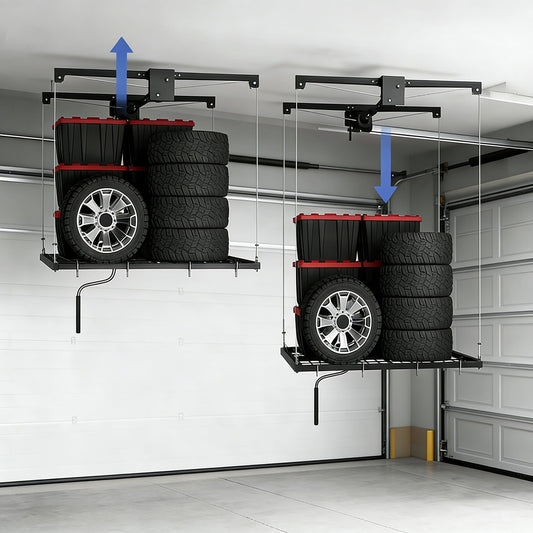 EliteEdge 【Dual-Cable Safety · Crank Lift System】 4x4ft Overhead Garage Storage Rack with 350lb Capacity - Heavy Duty Garage Ceiling Storage Racks for Space-Saving