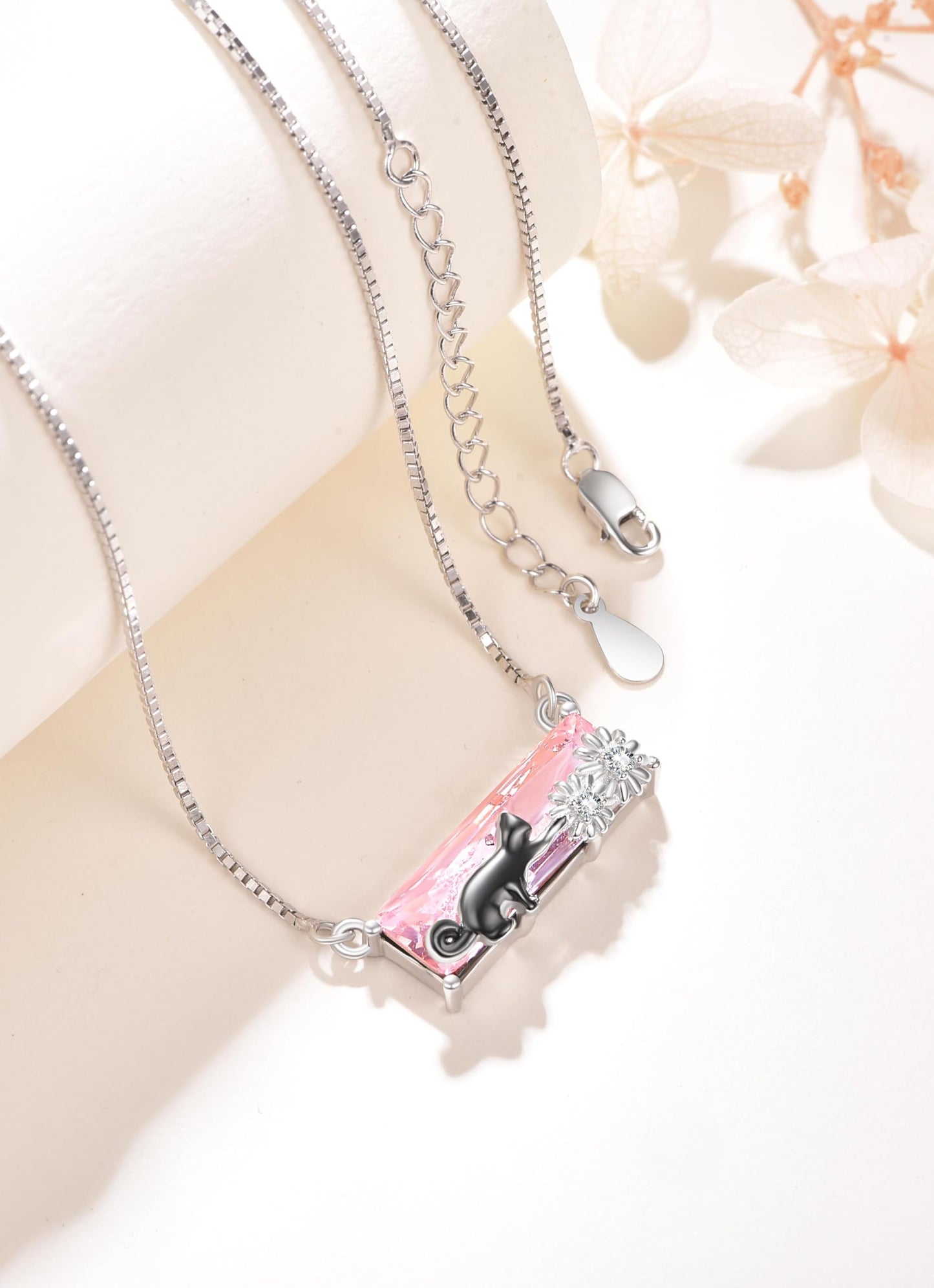 AENEAS Black Cat Necklace Sterling Silver Cute Animal Pendant Pink Crystal Birthday Jewelry Pet Daisy Gifts for Women Wife Her