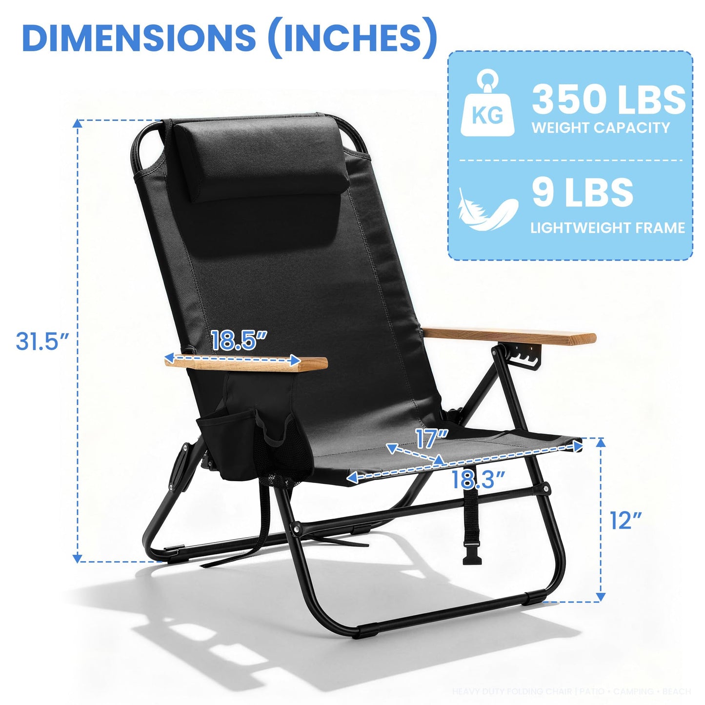 Canpsky Premium Portable Camping Chair 5-Position Recliner Beach Folding Lightweight Outdoor Chair with Wooden Armrests, Headrest, Multi-Pockets Heavy Duty 350lbs, for Patio, Backyard, Black