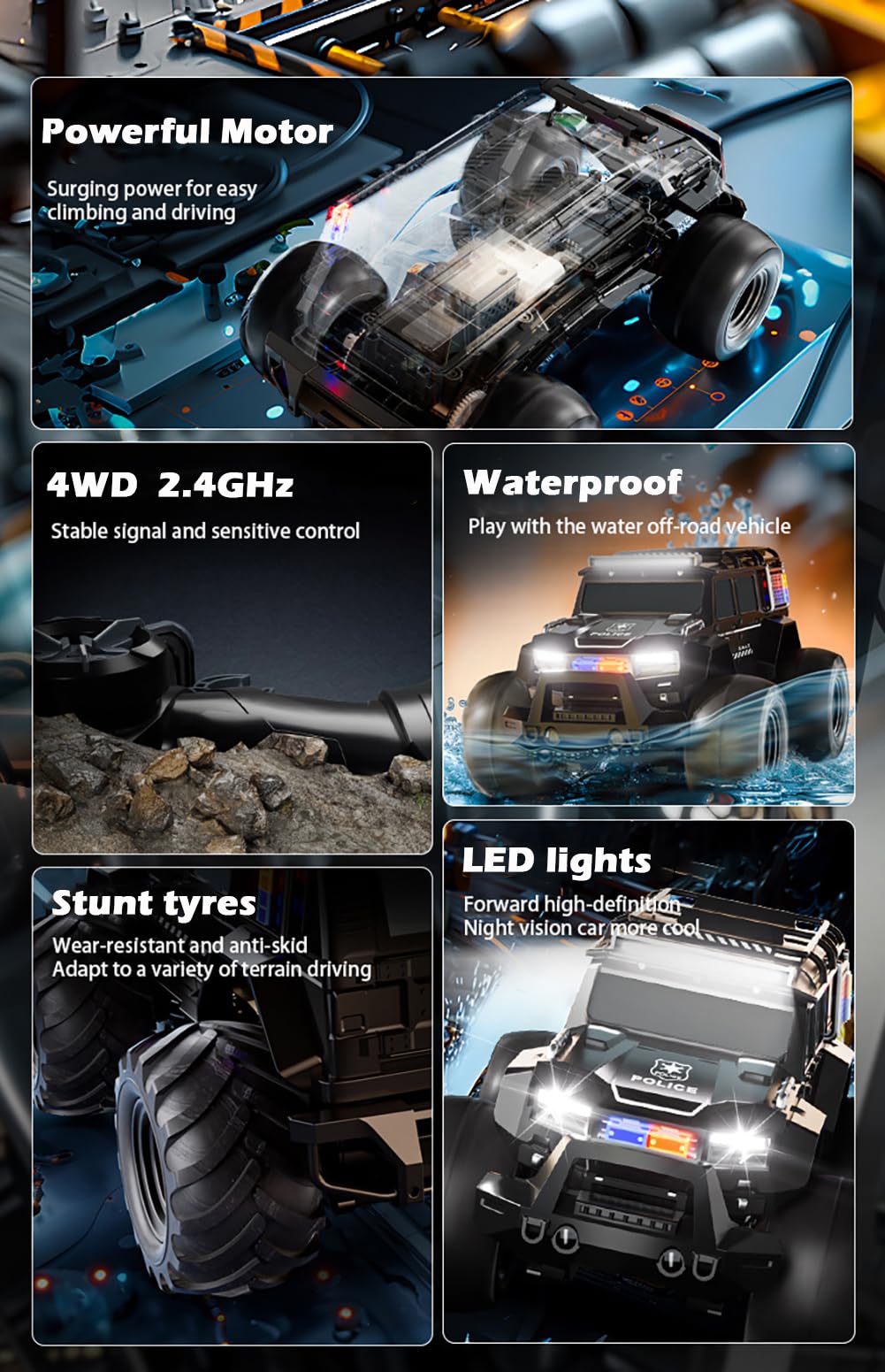 Amphibious Remote Control Car Waterproof Monster RC Cars 4WD All Terrain Off-Road Stunt Vehicle Toys with 2.4 GHz LED Lights for 6 7 8 9 10 11 12+ Year Old Kids Boys Girls Gifts Presents (Black)