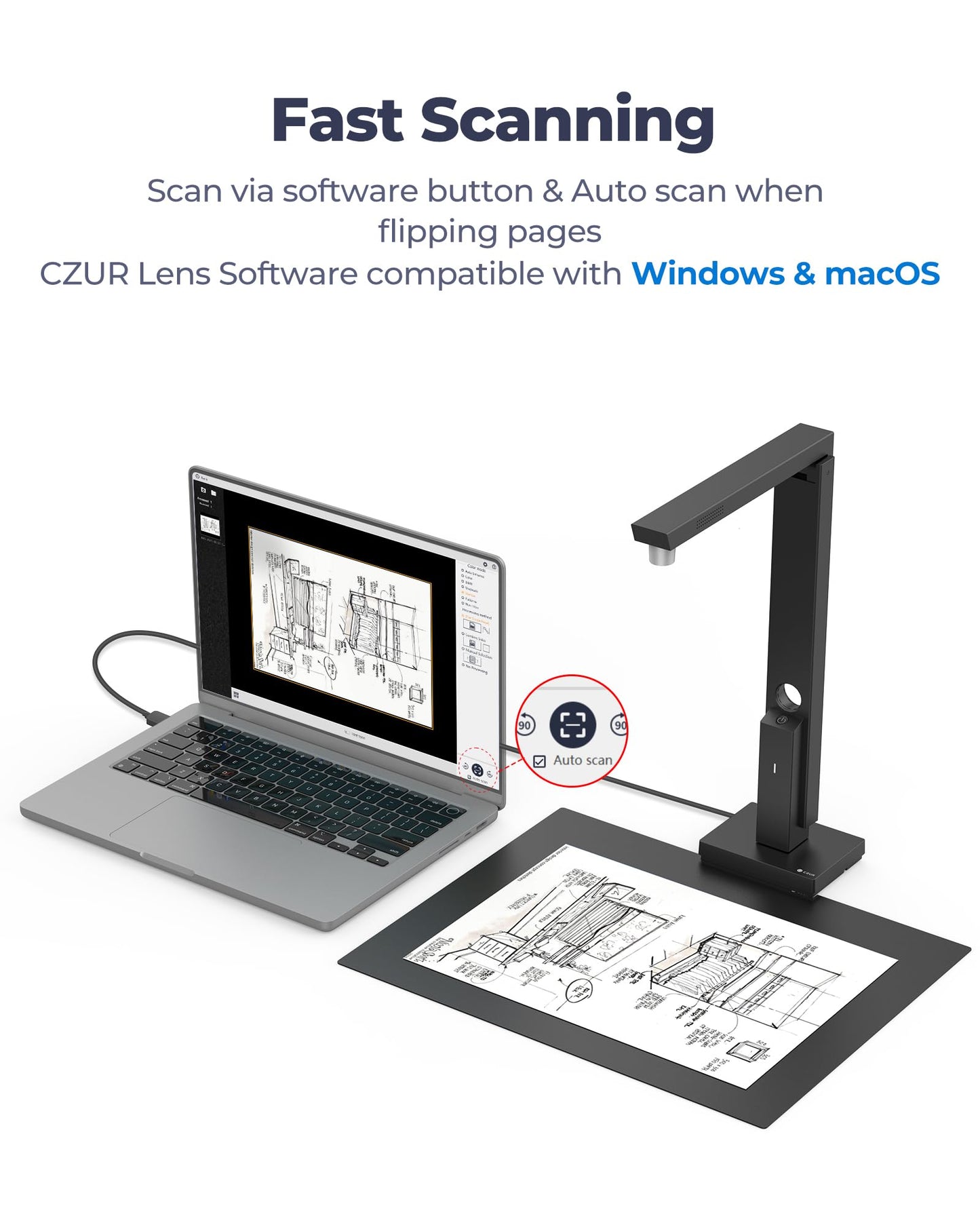 CZUR Portable 12MP Document Scanner, USB Document Camera, Fast Scan 1s/Page, Capture Size A4, OCR Function, Travel-Friendly Mobile Scanner for Mac & Windows, Lens1200 Pro (Not for Books)