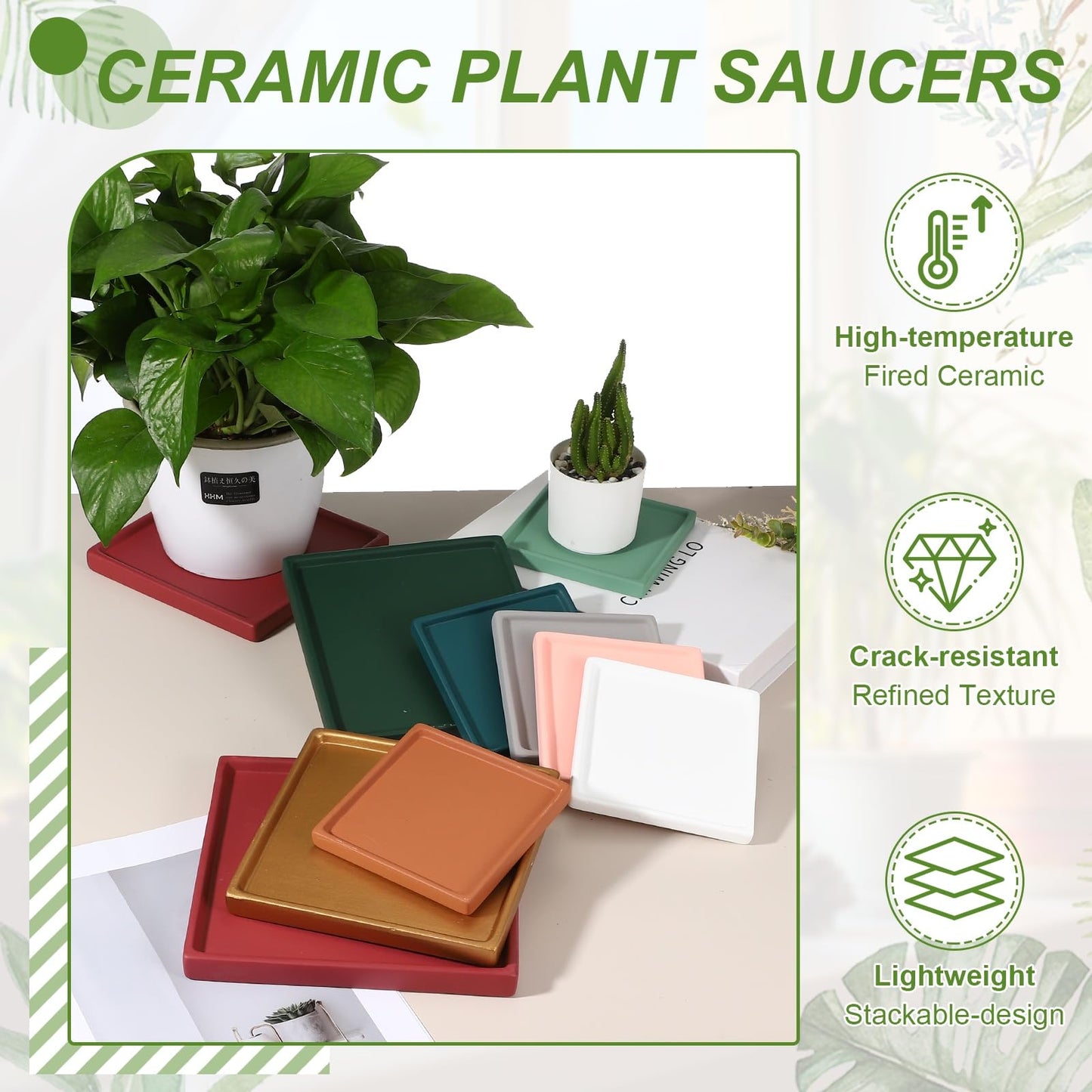 YELARXI 7.5 Inch Ceramic Plant Saucers, Square Flower Planter Water Trays Ceramic Plant Saucer Pot Tray -Fitting for (Outdoor/Indoors/Garden/Planting/Water/Flower/Coffee) Forest Green