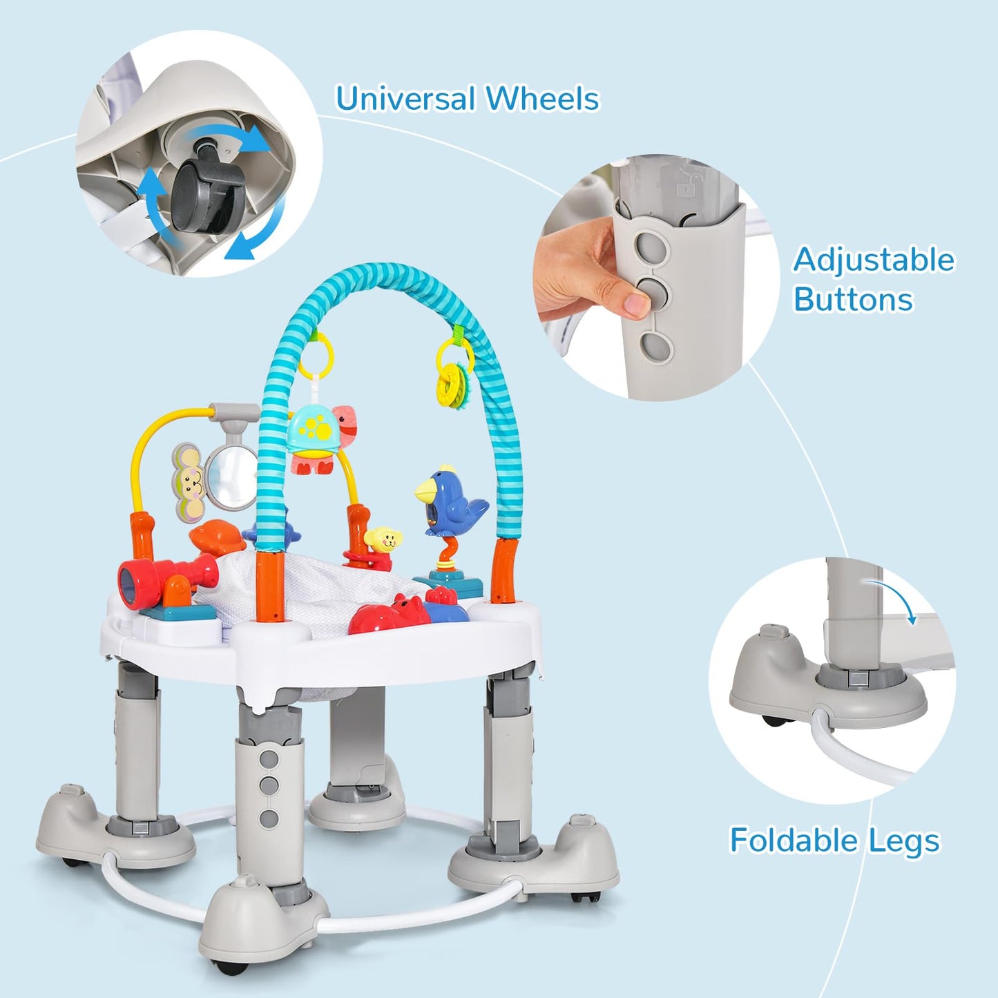 INFANS Baby Bouncer Activity Center, 5 in 1 Toddler Bouncing Activity Saucer Playtime Mat Activity Table with 360°Rotating Seat, 3 Adjustable Height, Foldable Exersaucer Learning Walker (Light Grey)