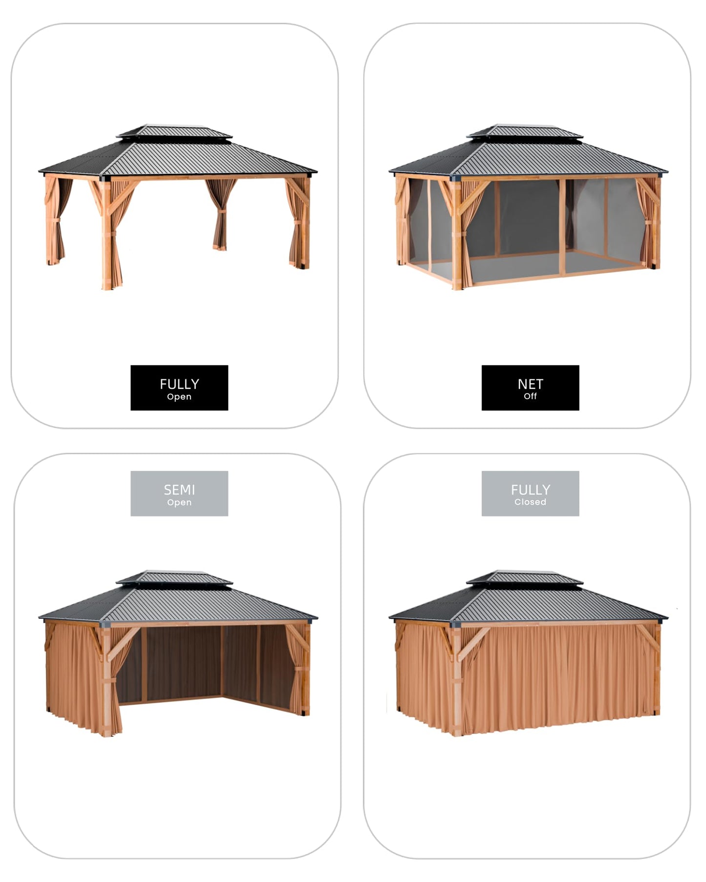 GarveeLife Hard top Wood Gazebo 12 ft x16 ft for All Weather, with Double Metal Roof, Heavy Duty Wooden Frame, Net, and Curtain, Permanent Building for Patio, Deck, Backyard, Lawn, and Garden, Khaki