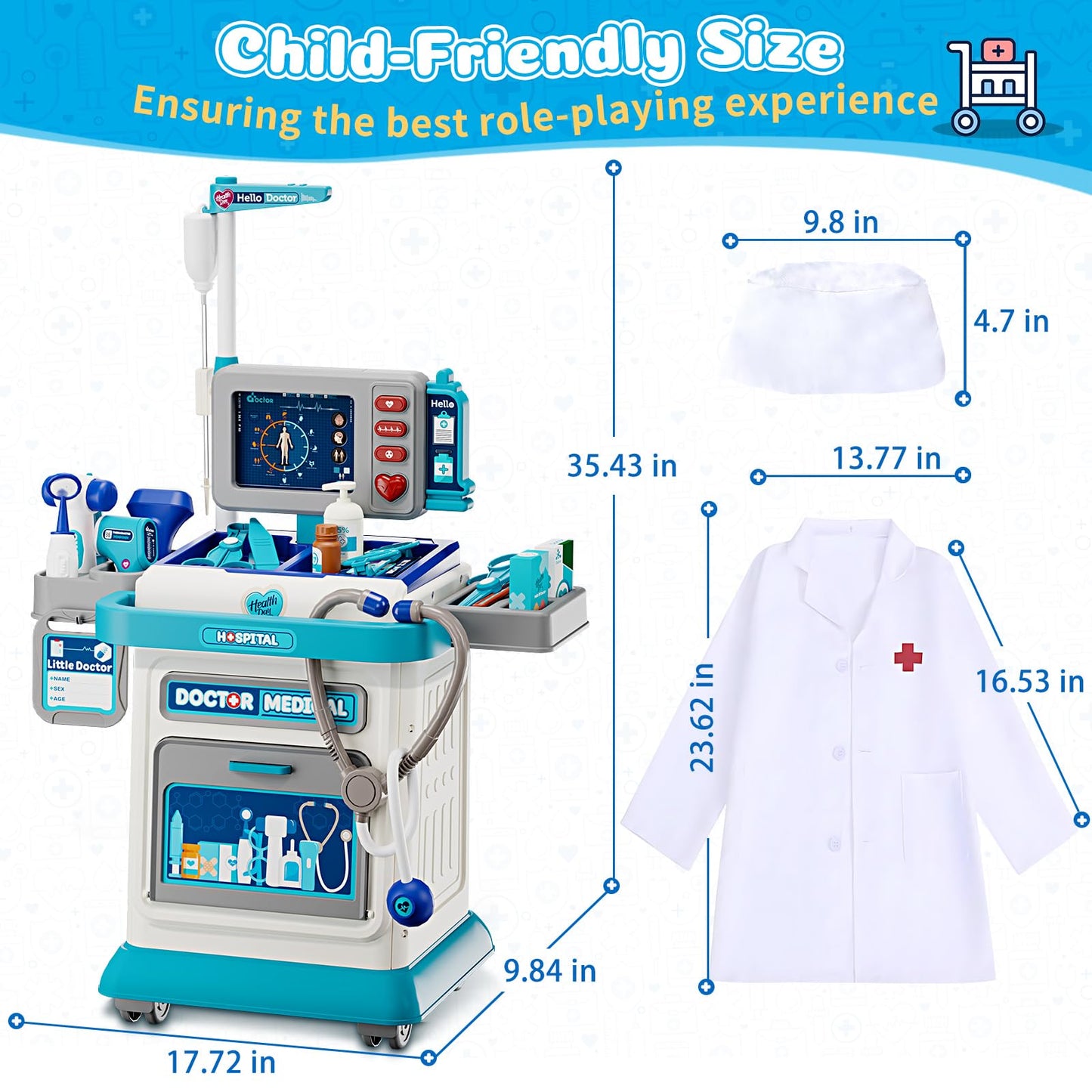 Doctor Kit for Toddlers 3-5, Pretend Doctors Play Set with Cart, Costume and Stethoscope for Kids Aged 3 4 5, Role Play Medical Toys for Girls Boys, Christmas Birthday Educational Gift for Toddler