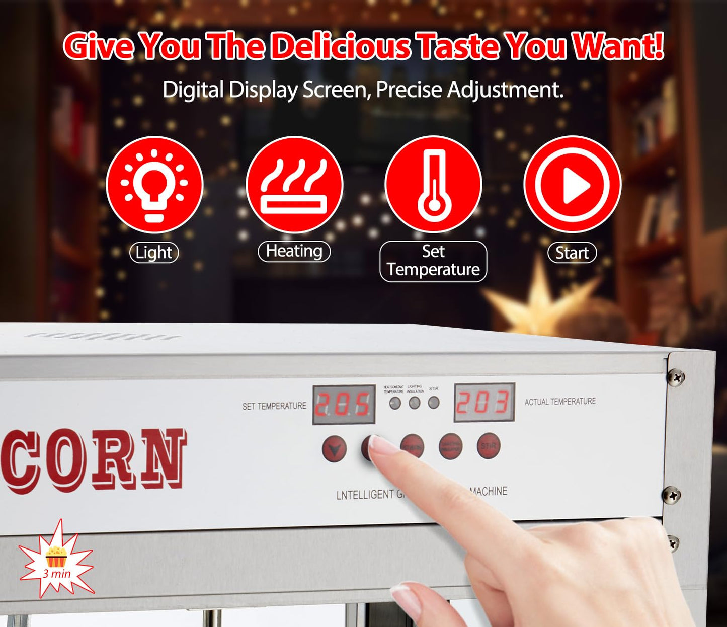 RIEDHOFF 8OZ Popcorn Machine for Movie Night, Temperature Control with Digital Display, Popcorn Popper Machine with 10 PACK Popcorn Buckets, Old Fashion Popcorn Machine Movie Theater Style