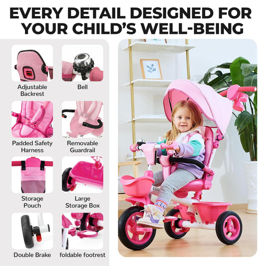 EOOWOY Toddler Tricycle with Push Handle, 7 in 1 Stroller Trike with 360° Swivel Seat, Reclining Backrest, All-Terrain Wheels, Dual Brakes, Canopy & Storage, Gift for Kids 18 Months to 5 Years, Pink
