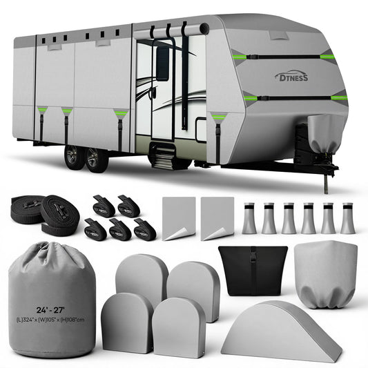 DTNESS Travel Trailers RV Cover 24-27FT, 7-Layer Thick Heavy Duty Rip-Stop Camper Cover with Tongue Jack Cover, Tire Covers, Straps & Storage Bag, Tearproof, Waterproof, Snowproof, Windproof & Anti-UV