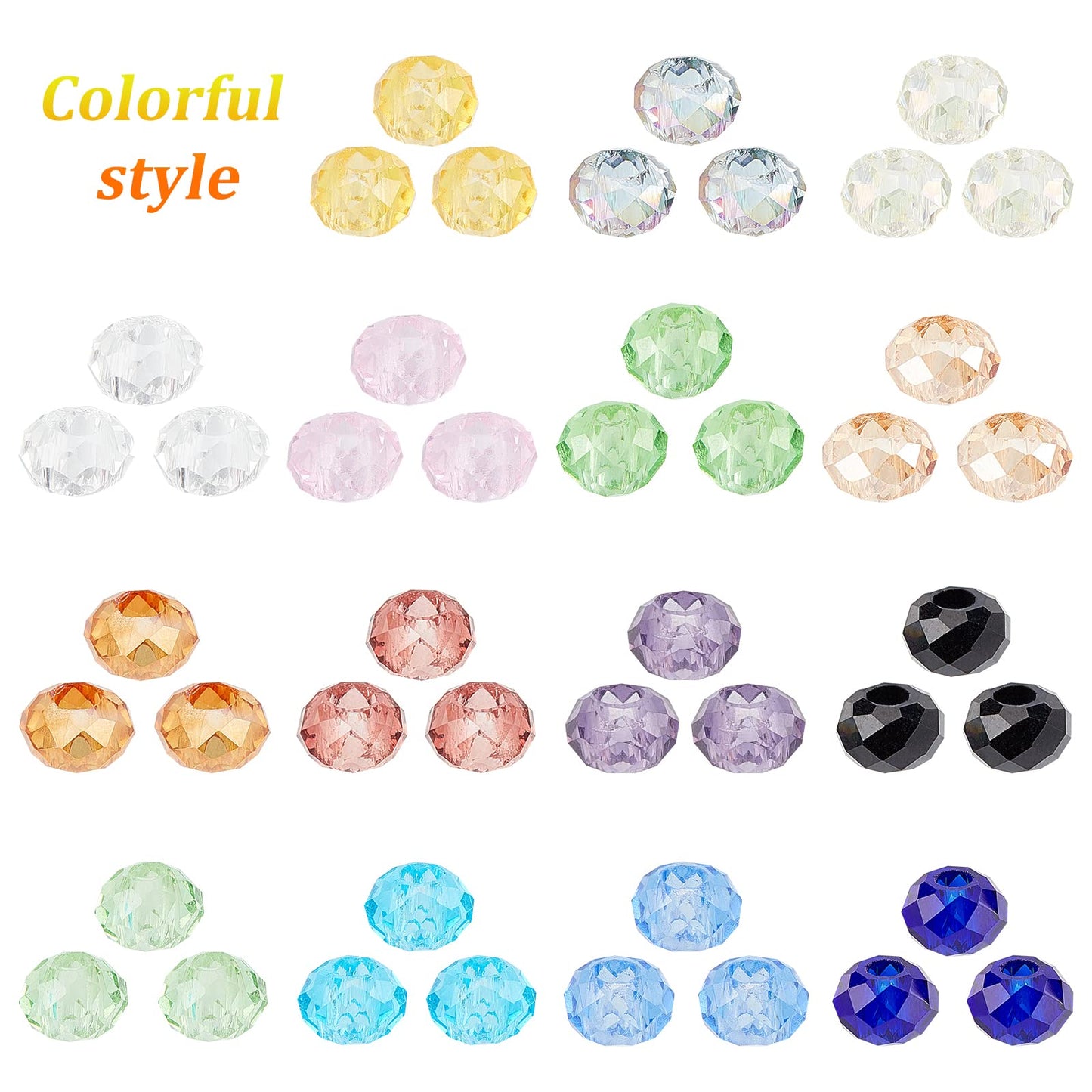 PH PandaHall 100pcs Crystal Glass Beads 8x5mm Faceted Large Hole Beads European Rondelle Spacer Bead for DIY Snake Chain Charm Bracelet Necklace Earring Jewelry Making, Hole: 3mm, Mixed Color