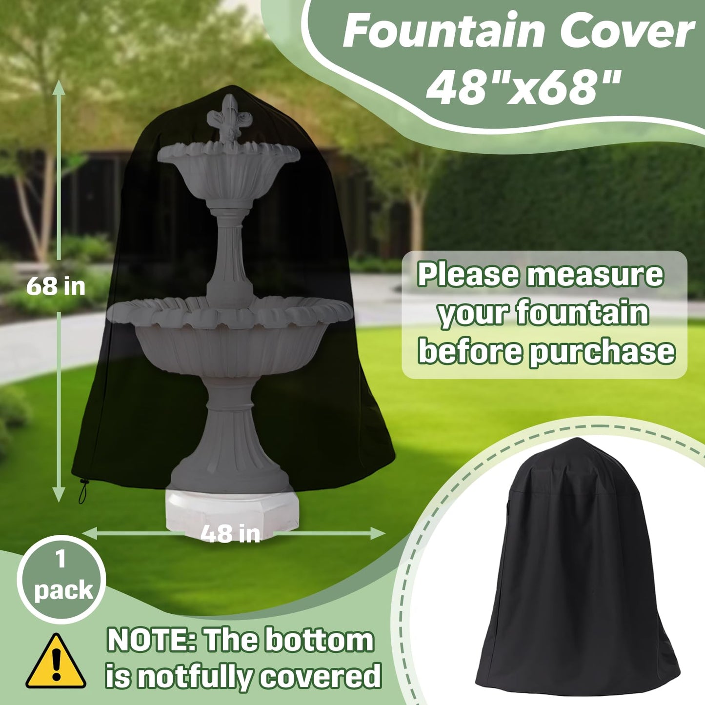Fountain Cover 48" x 68", Heavy Duty Oxford Cloth Outdoor Fountain Protector with Adjustable Drawstring, Waterproof & Dustproof for Garden/Patio Water Fountains & Statues, Winter Protection (Black)