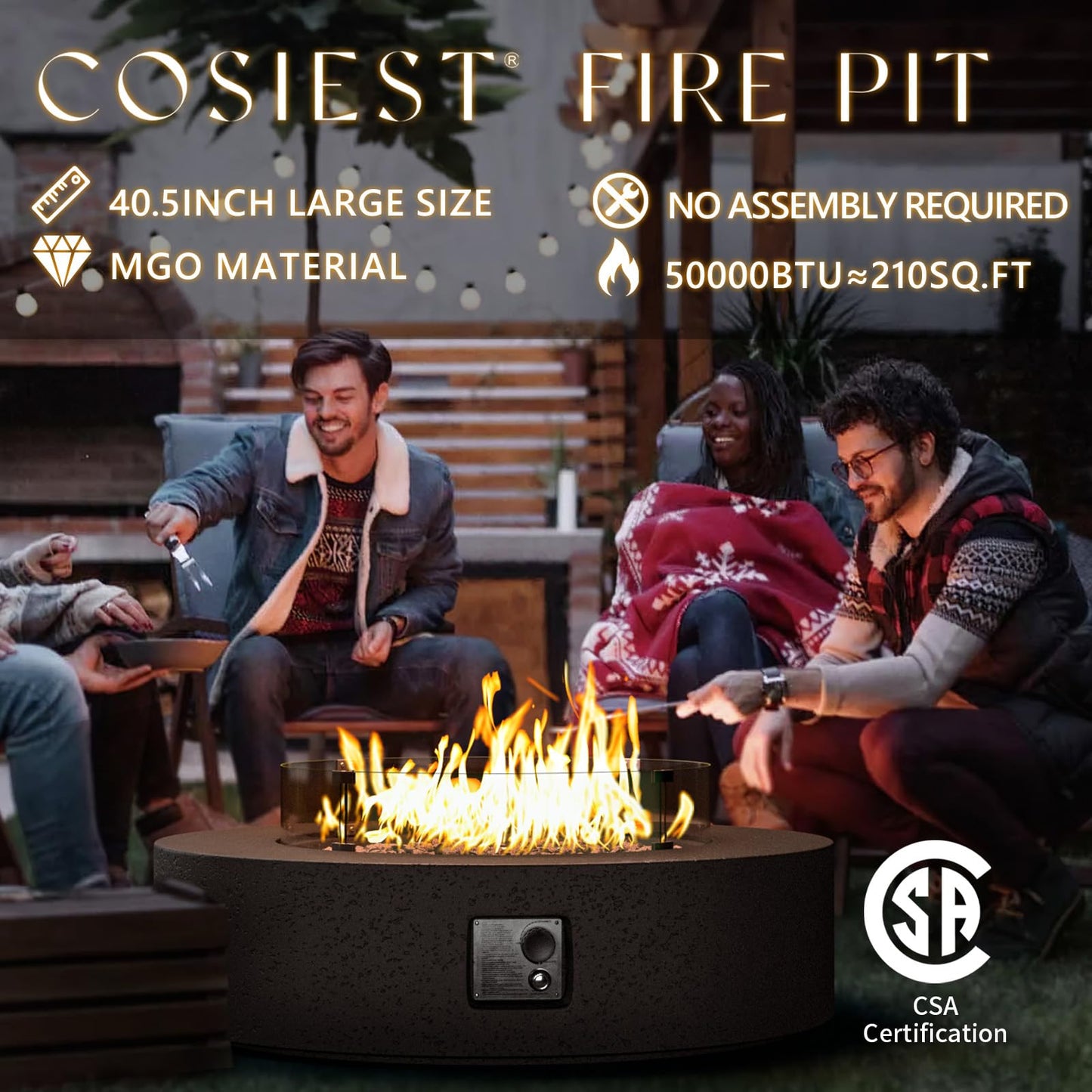COSIEST 42 inch Outdoor Propane Fire Pit Coffee Table w Concrete Round Base Patio Heater, Certified, 50,000 BTU Stainless Steel Burner, Free Lava Rocks, Rain Cover, Wind Guard, Tank Cover