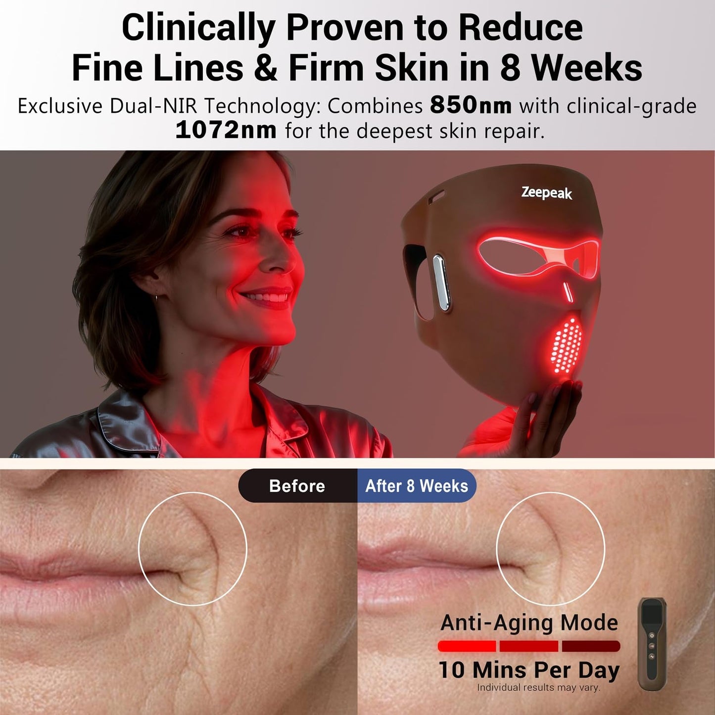 Zeepeak 3D LED Red Light Therapy Mask, FDA-Cleared, 360 LEDs, Anti-Aging & Blemish Repair, 5 Modes Red, Blue, Yellow with 850nm & 1072nm Dual-NIR, Eye-Protection, Portable Design for Home Travel