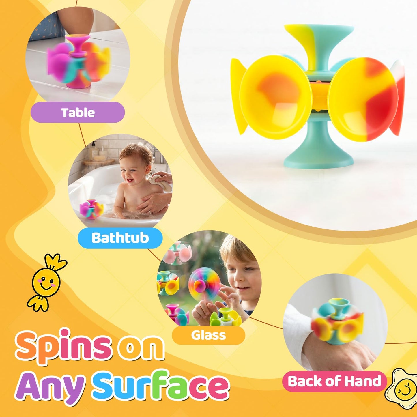 Kiditos Suction Cup Spinner Toys, 4 Pack Sensory Fidget Toys for Toddlers, Kids & Adults, Screen-Free Stick and Spin Toy for Window, Table, Bathtub, Car Rides, Travel, Office Desk, Party Play