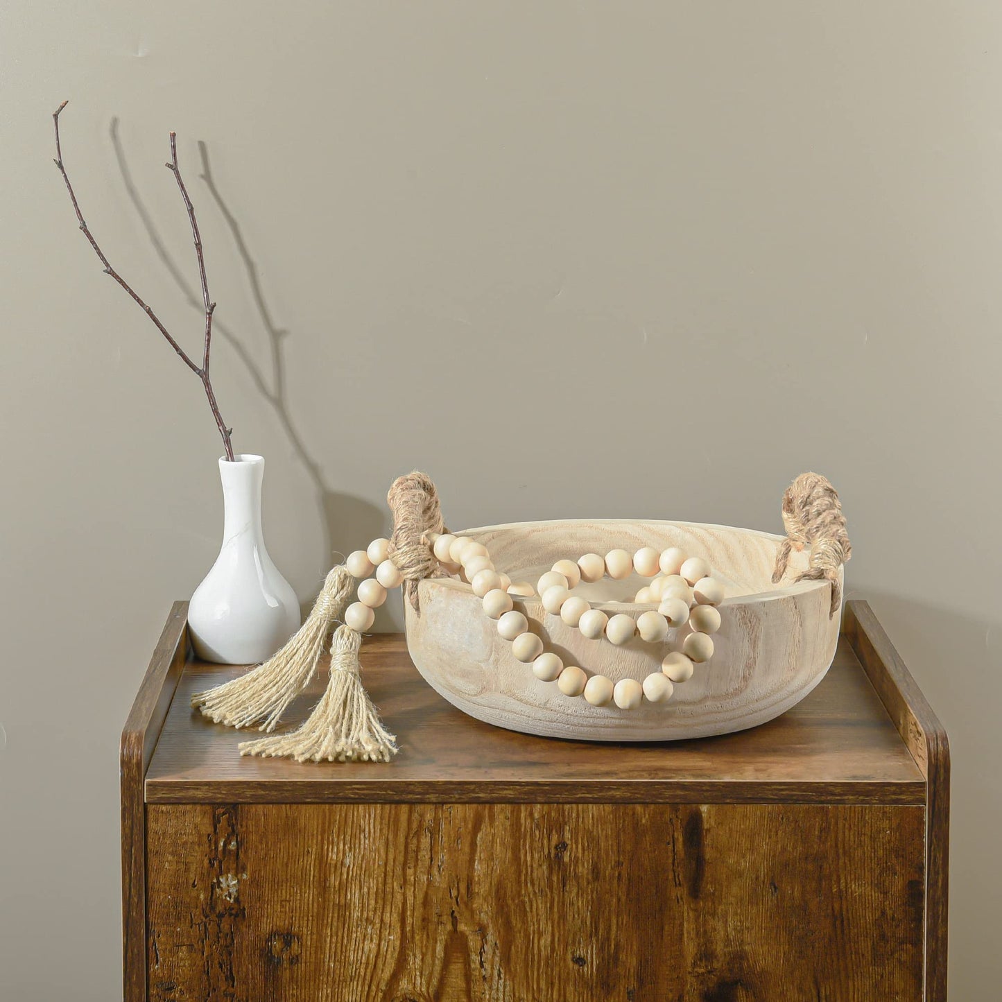 Paulownia Wood Bowl Rustic Wooden Dough Decorative Round Serving Key Bowl with Rope Handle and Wood Bead Garland for Christmas Tabletop Centerpiece Home Decor 9.5 inches