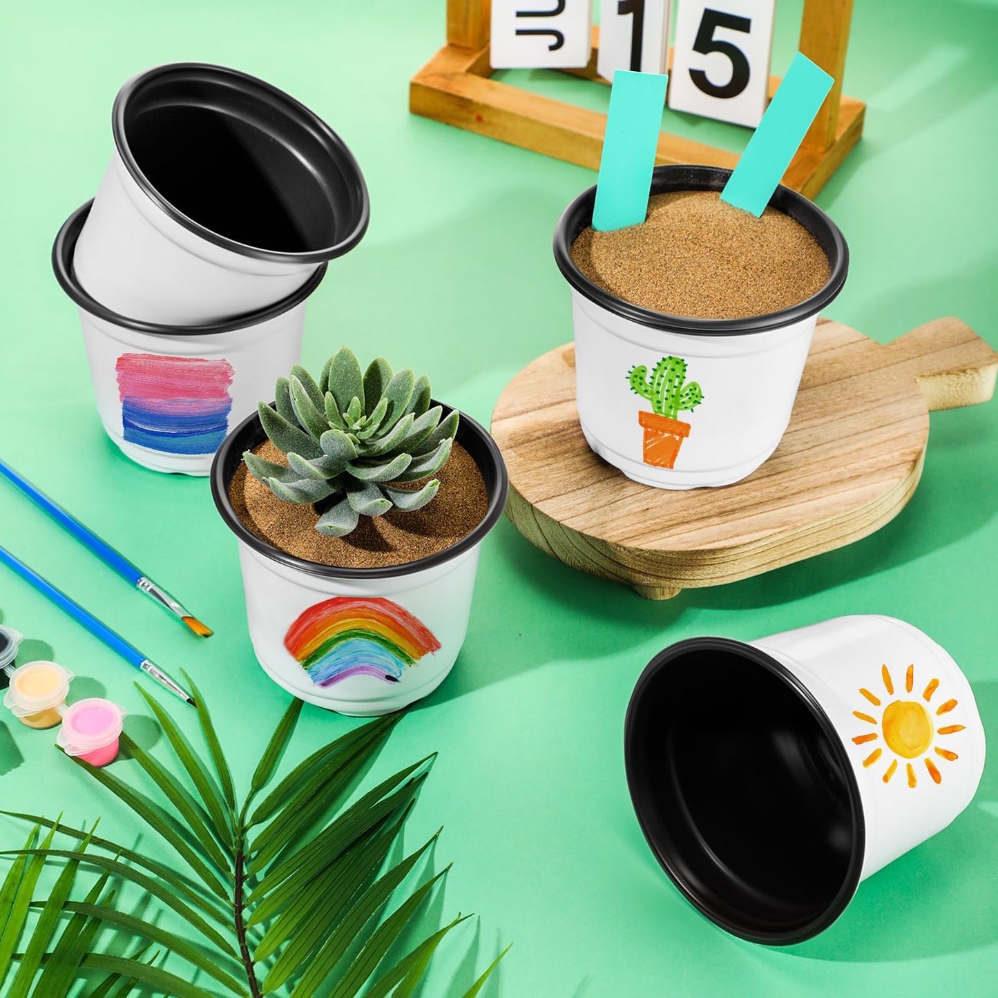FillTouch 175 Pcs Mini Acrylic Paint Set for Gardening 50 Plastic Plant Pot Craft with Holes 25 Set Paint Strip with Brushes 100 Green Plant Label Your Own Pot for Gardening Activity