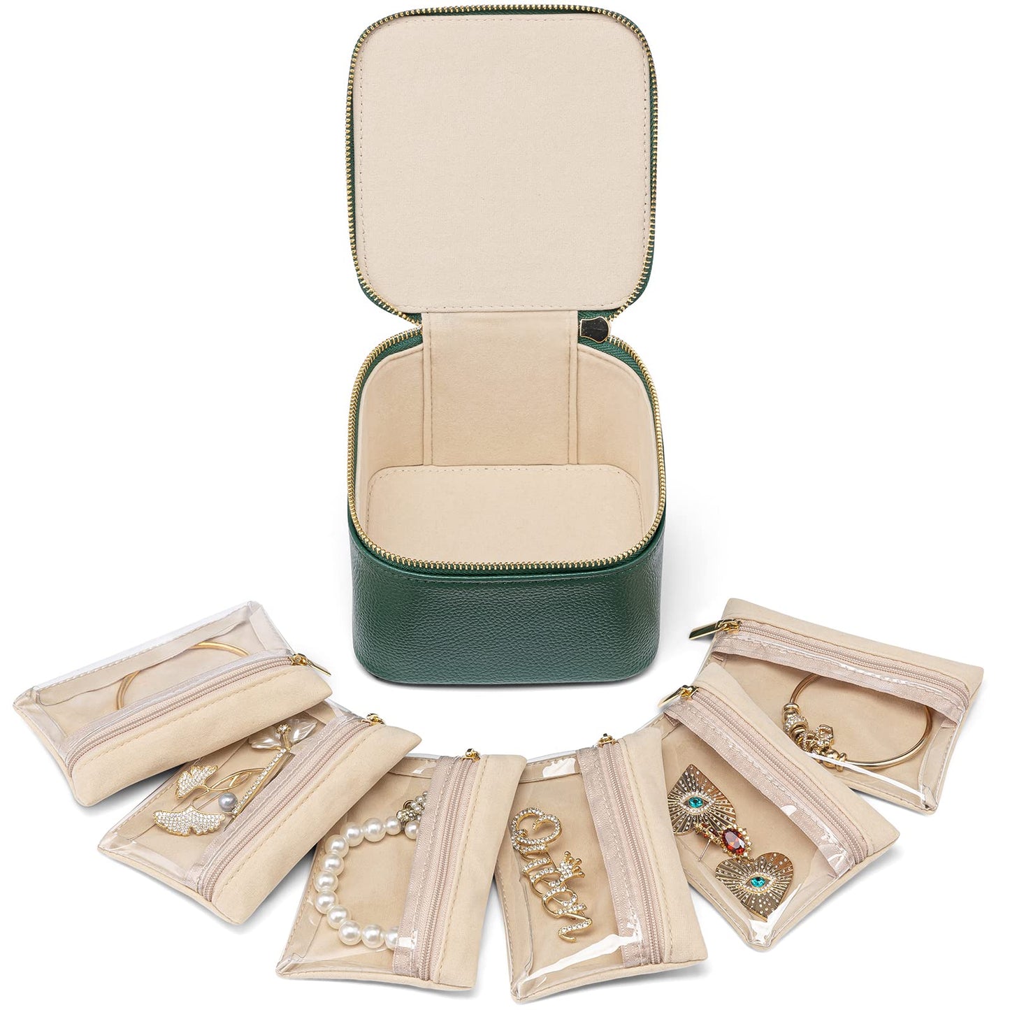VLANDO Gifts for Teachers,Travel Jewelry Box with 6 Velvet Jewelry Zipper Pockets Jewelry Case Premium Petal Hardware Travel Jewelry Organizer Graduation Gifts (Green)