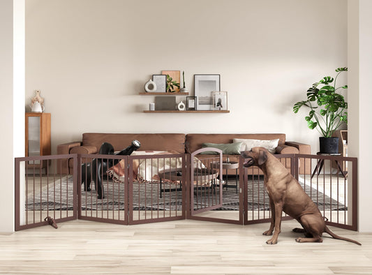 JSB 144-inch Extra Wide 30-inch Tall Dog gate with Door Walk Through, Freestanding Round Tube Pet Gate for Halls Stairs, Puppy Safety Dog Fence with 2PCS Support Feet (Espresso)