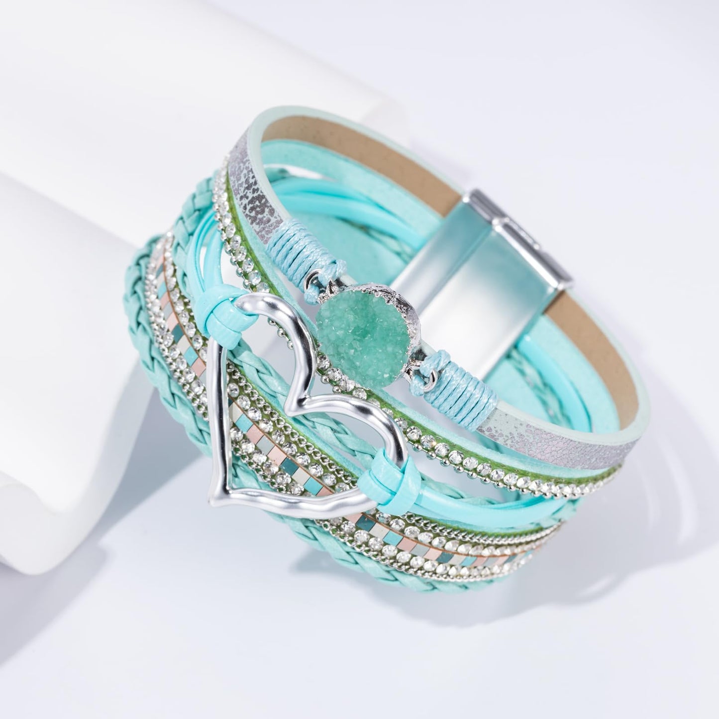Becklynn Boho Leather Wrap Bracelets Beaded Crystal Stackable Cuff Bracelet with Magnetic Clasp Cowboy Cowgirl County Concert Outfits Western Jewelry Gifts for Women(Heart Teal)