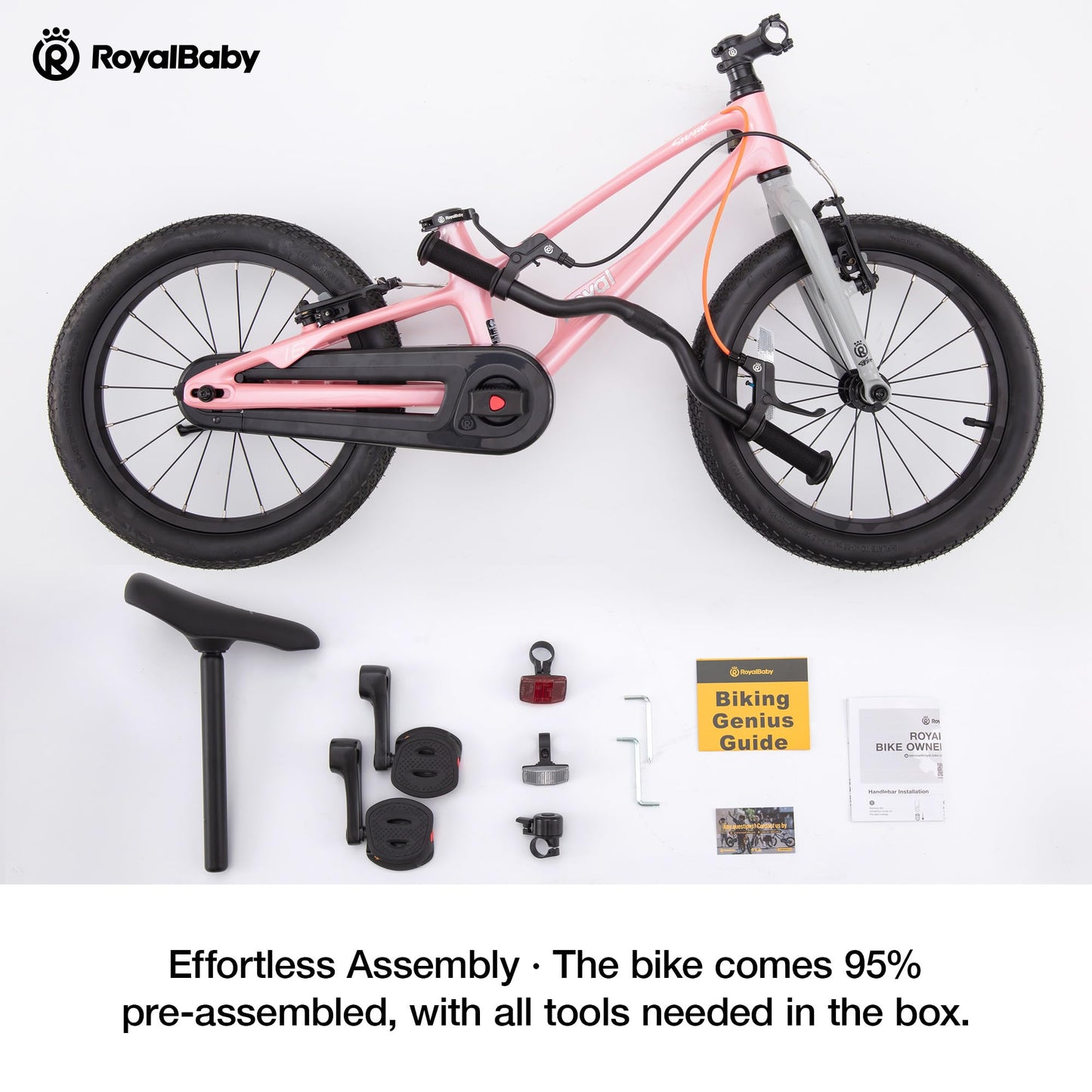 RoyalBaby EZ-Shark Ultra-Light 16 Inch Kids Bike Beginners Learning Bicycle Lightweight Alloy Boys Girls Ages 4+ Years, Pink