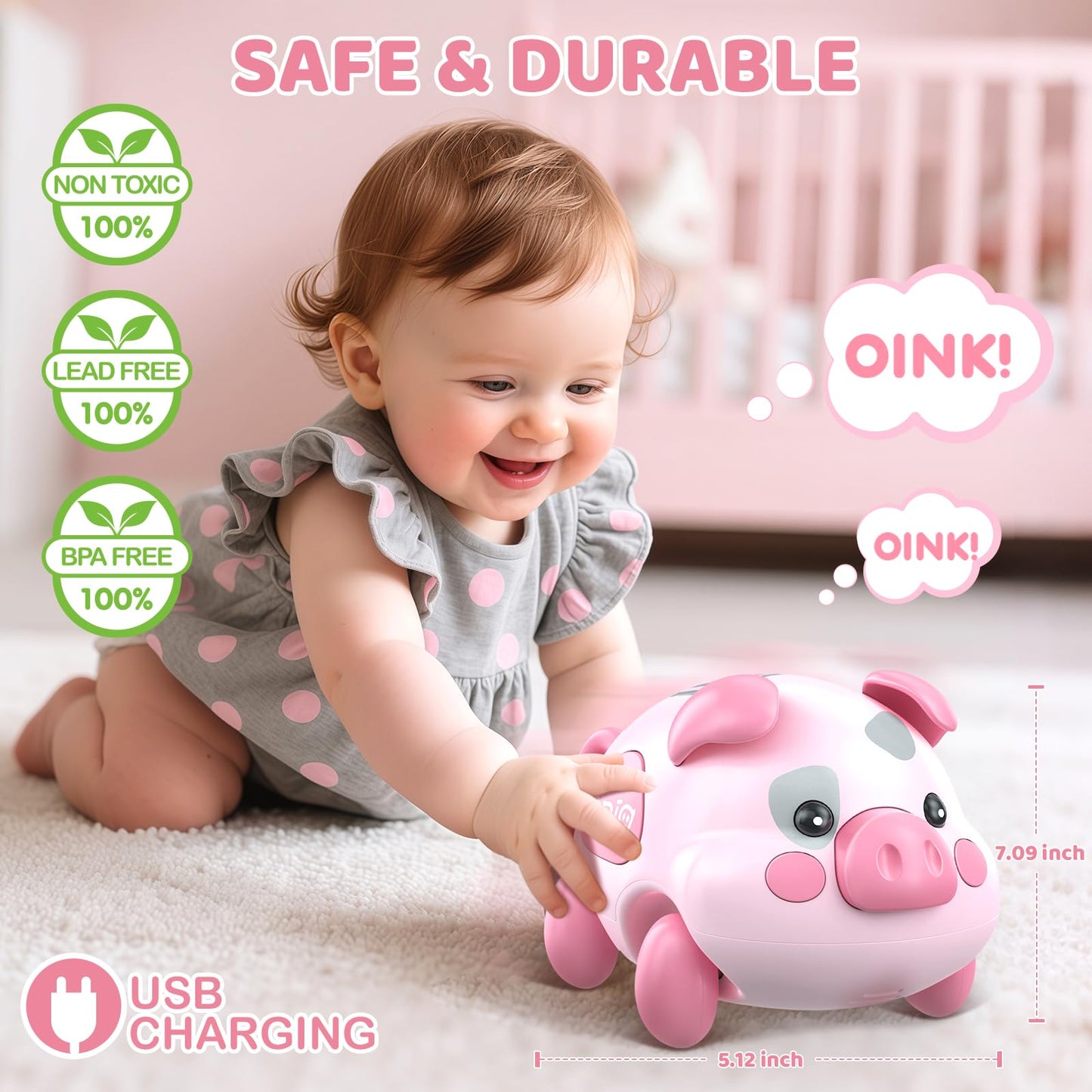 Baby Musical Toys for 6-12-18 Months, Musical Piggy Toys for Toddler 1 Year Old Baby Girl, Infant Crawling Light up Music Toys for Tummy Time Development, 1st Birthday Gift for Boy 7 8 9 10+ Month
