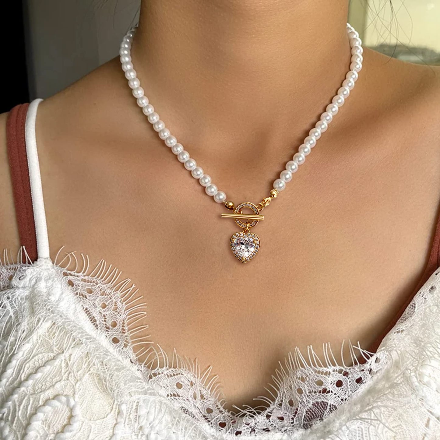 Luxval Pearl Necklaces Choker for Women,CZ Heart Pendant Cream White Pearl Jewelry, Pearl Necklace with Charm Dainty Toggle Clasp Crystal Necklace for Women Jewelry Gifts