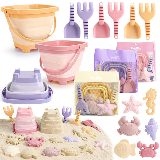 3 Pack Beach Toys Set for Kids Toddlers Girls, Collapsible Sand Buckets with Beach Molds and Mesh Bag, Sandbox Travel Toys Beach Vacation Essentials, Camping Gear, Fishing (Purple/Pink/Yellow)