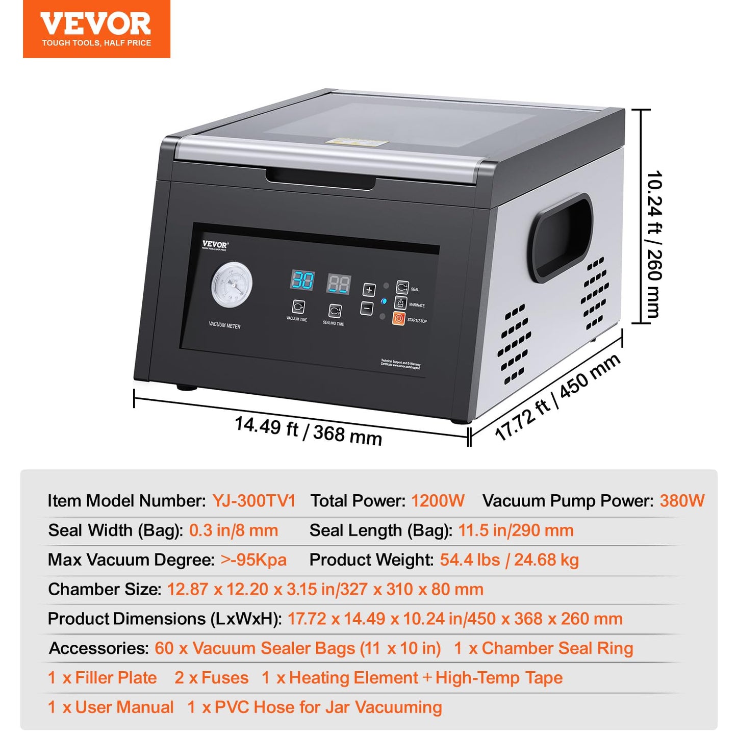 VEVOR Chamber Vacuum Sealer, 380W Vacuum Pump Power, Sealing Bag Packing Machine for Wet Foods, Meat, Compact Design with 11.5 in Sealing Length, Ideal Commercial Sealer for Professional and Home Use