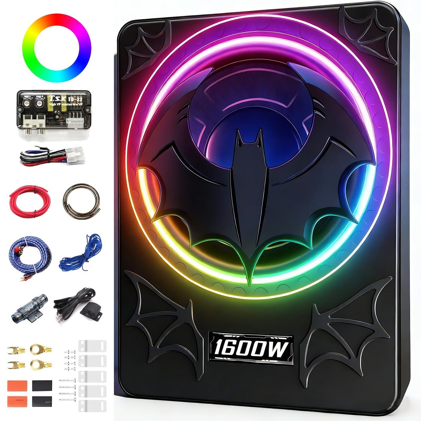 SUBPULSIX 1600W Slim Underseat Car Subwoofer and Amp Package, Powered Under Seat Subwoofer with Built-in Amp, Subsonic Deep Bass, Cast Aluminum, DSP Class D, LED Ambient Light, for Truck SUV Sedan