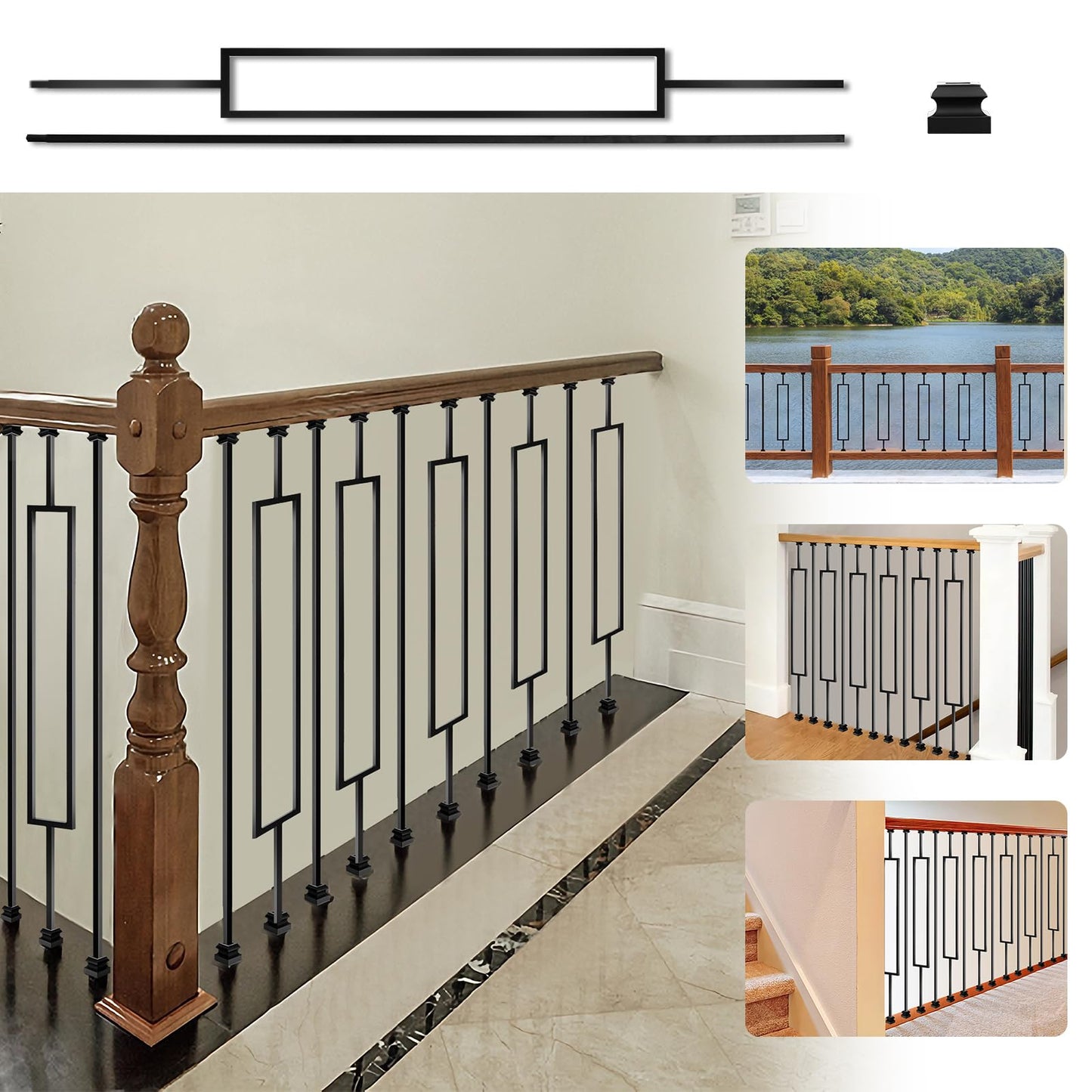 Vilstomes 16 Pack Rectangular Hollow Stair Spindles 44 Inches, 1/2" Iron Balusters for Staircase Interior With 32 Baluster Shoes