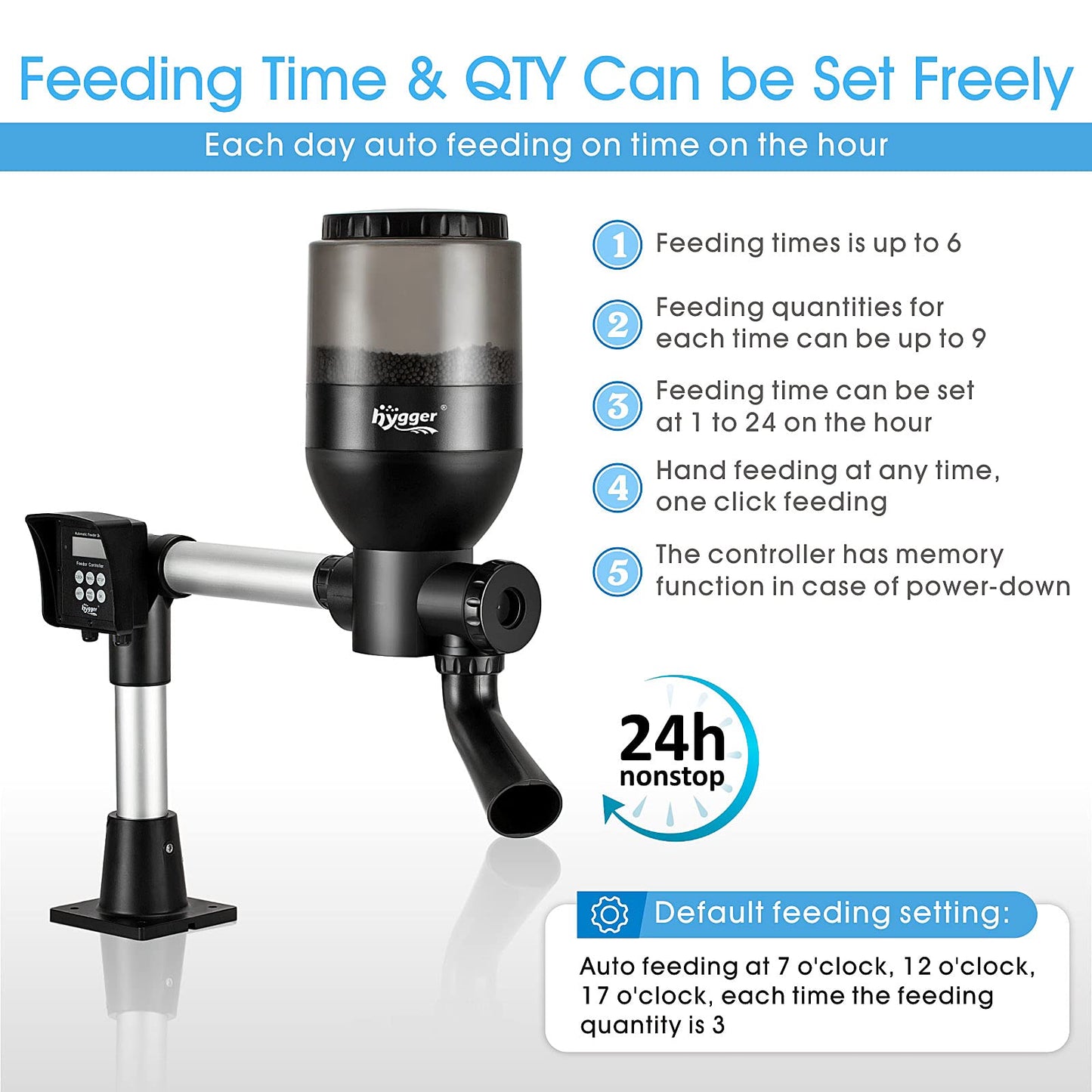 hygger LCD Control Automatic Pond Fish Feeder, Capacity 5.5L，DC 12V