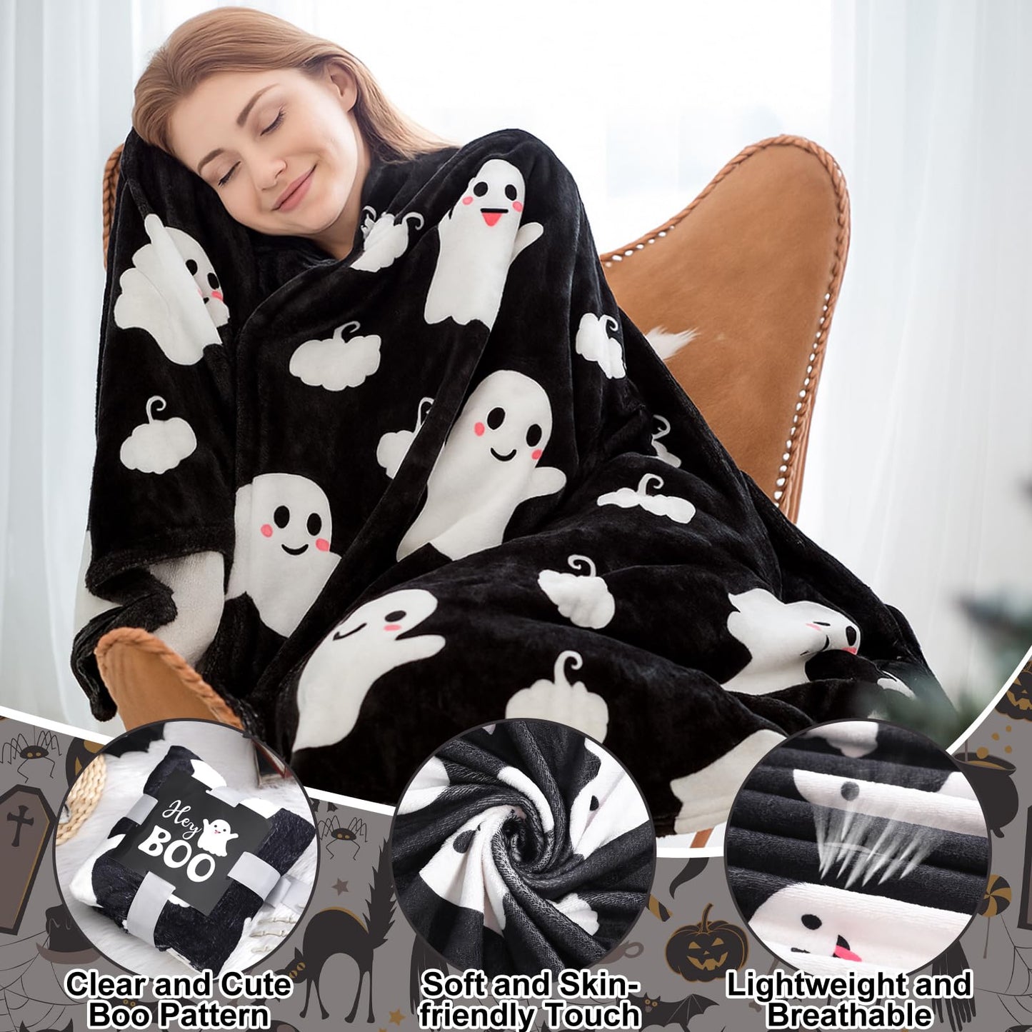 Mimorou 7 Pieces Black Boo Basket Gifts Halloween Gifts Set Ghosts Throw Blanket 16oz Cute Tumbler Gift Basket Spooky Keychain Socks Boo Straws Thanks Card for Halloween Party Trick or Treat